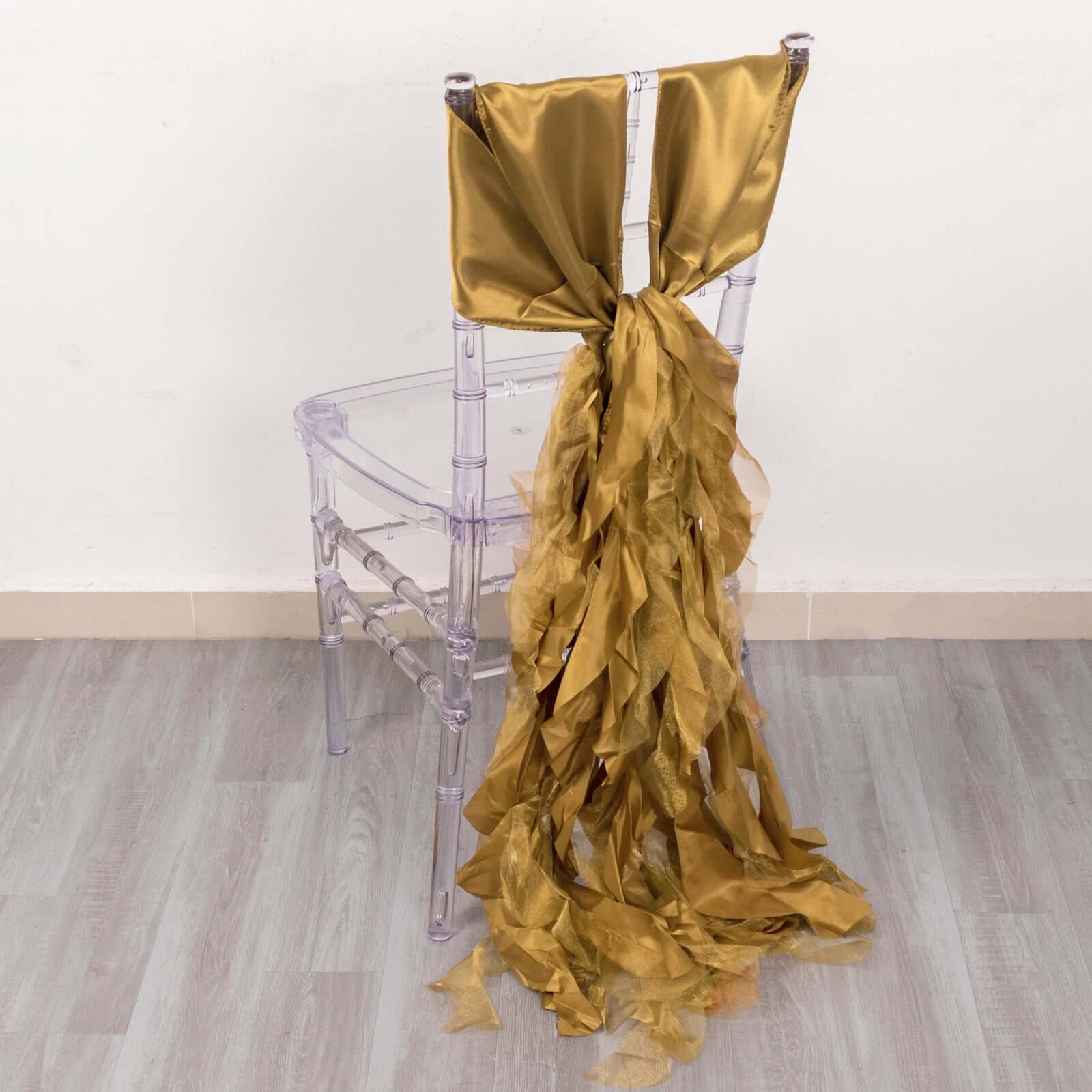 5 Pack Chiffon Satin Chair Sashes Gold - Easy to Install Lustrous Ruffled Curly Willow Wedding Chair Decorations