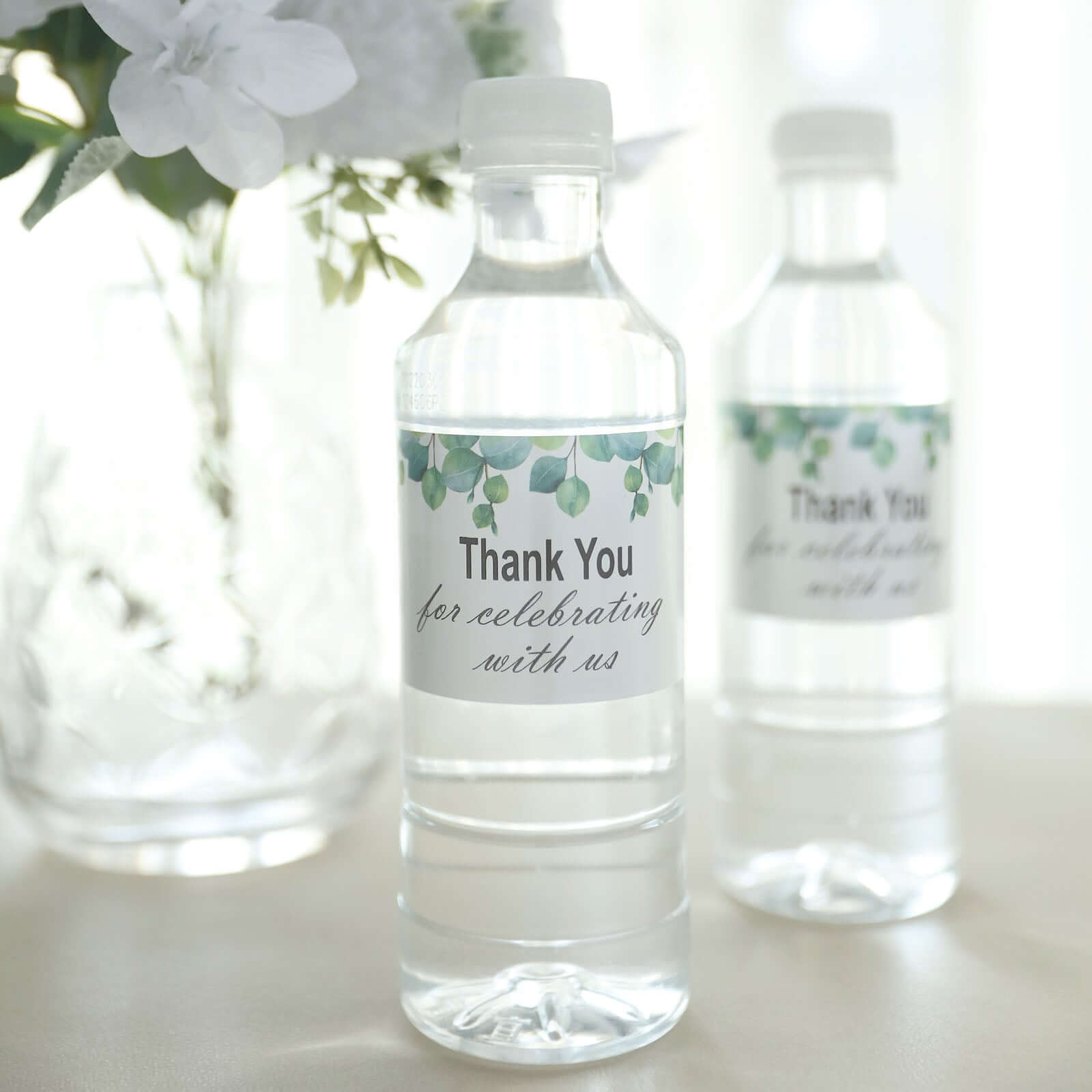 24 Pack White/Green Water Bottle Labels with Leaves Design Thank You Party Waterproof Bottle Stickers