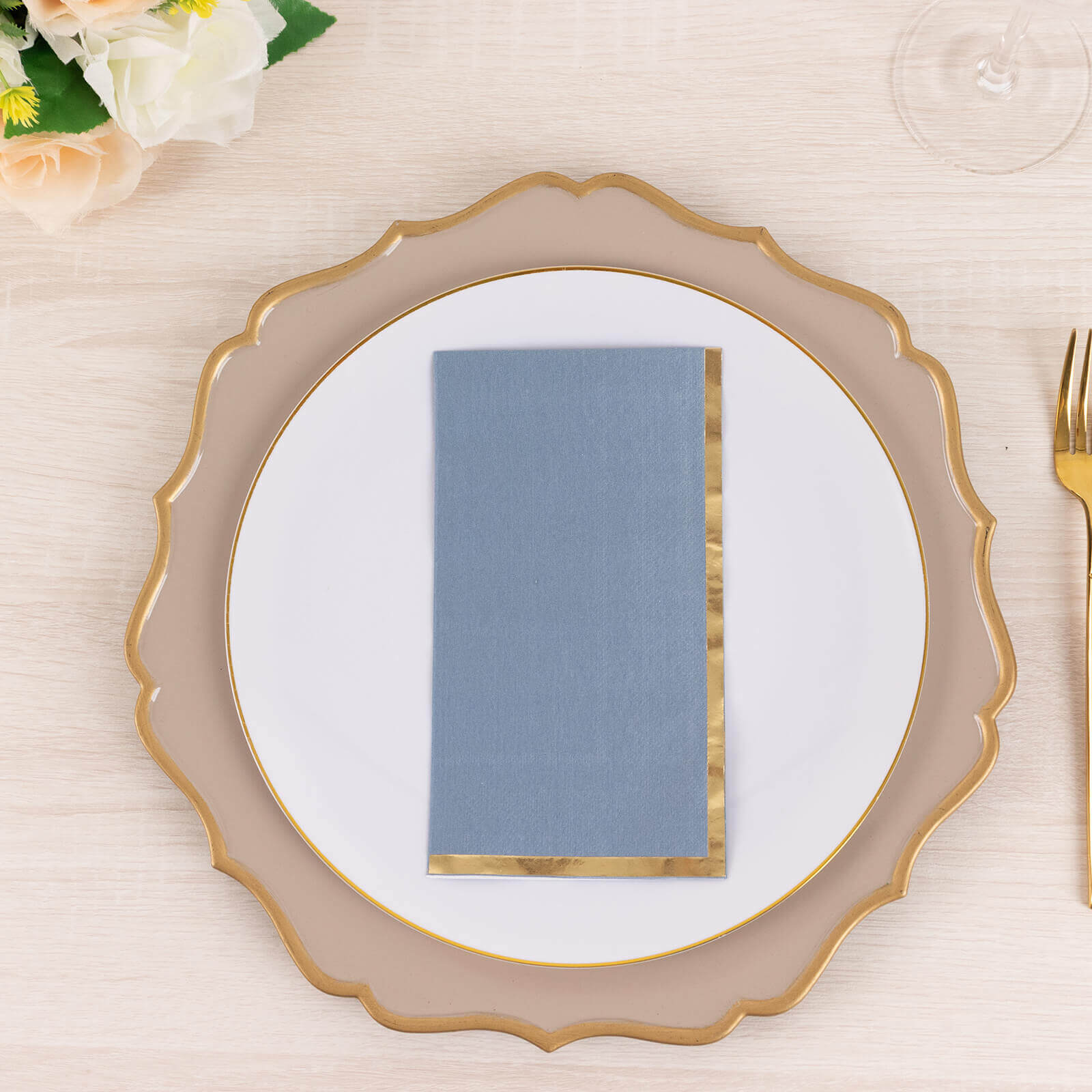 50-Pack Paper Dinner Napkins Dusty Blue with Gold Foil Edge 2 Ply - Stylish Disposable Napkins