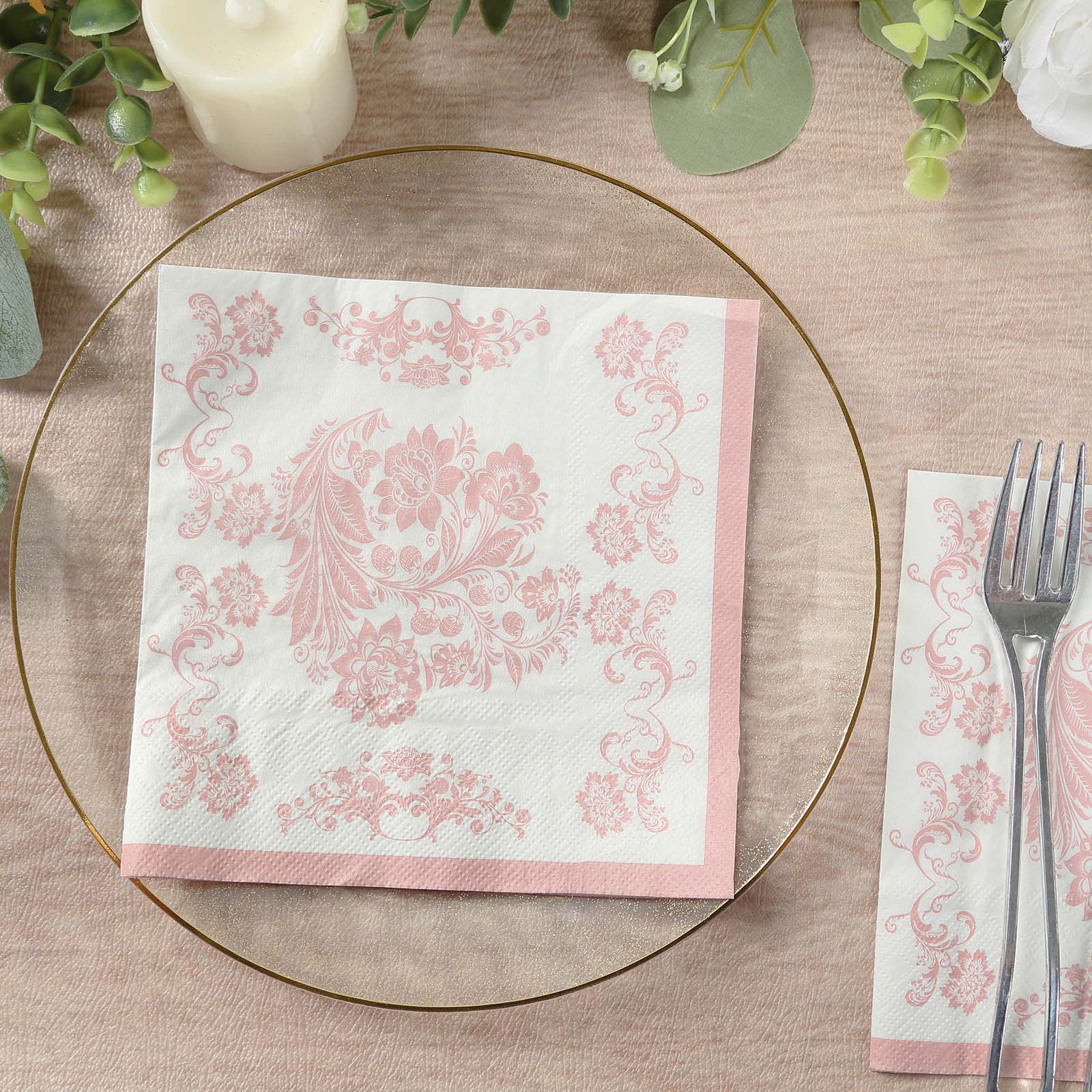 50-Pack Paper Cocktail Napkins with French Toile Floral Pattern White/Pink - Absorbent 2 Ply Disposable Napkins for Beverages