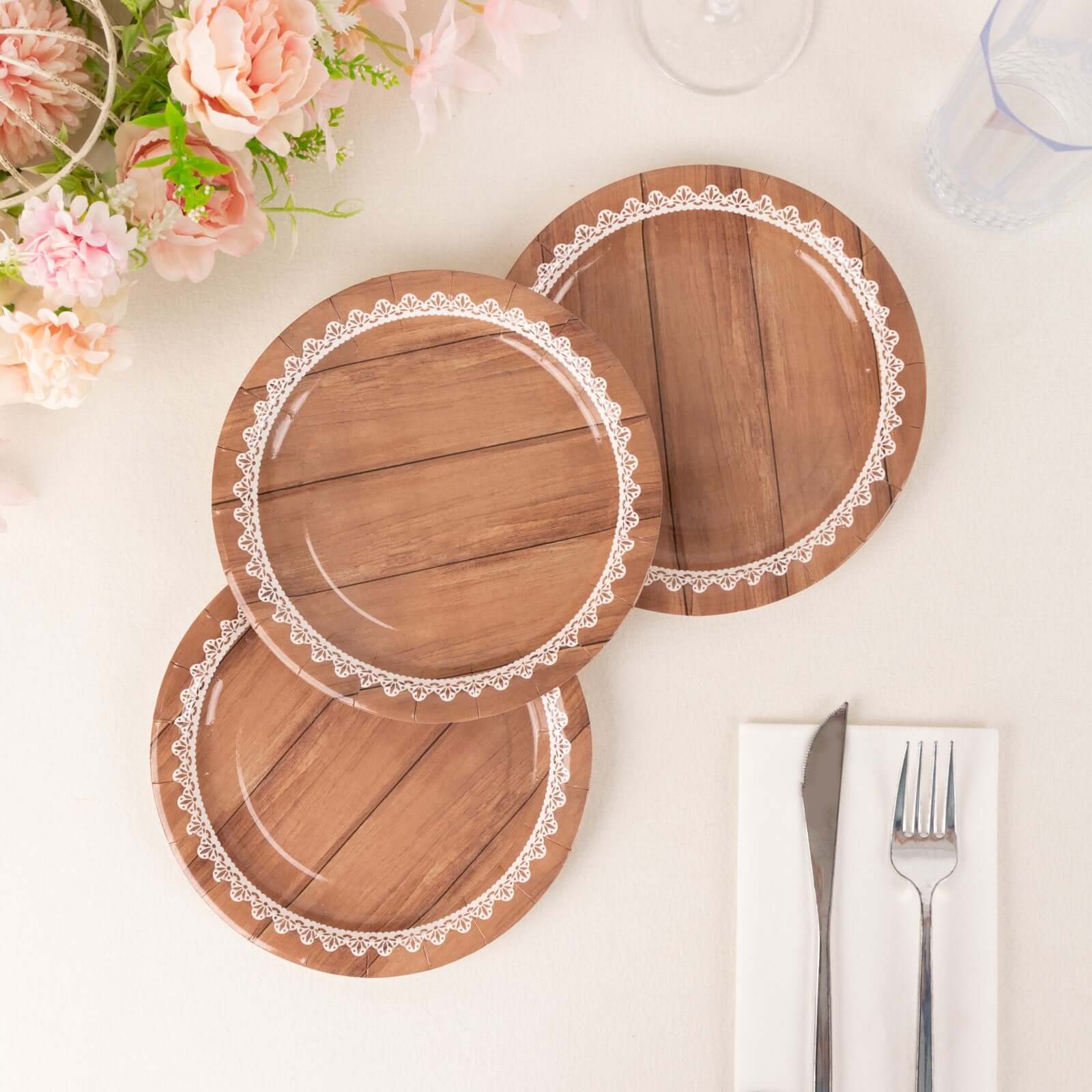 25-Pack Paper 7 Round Dessert Plates in Brown Wood Grain Print with White Floral Lace Rim - Disposable Appetizer Salad Plates for Rustic Farmhouse Style Events