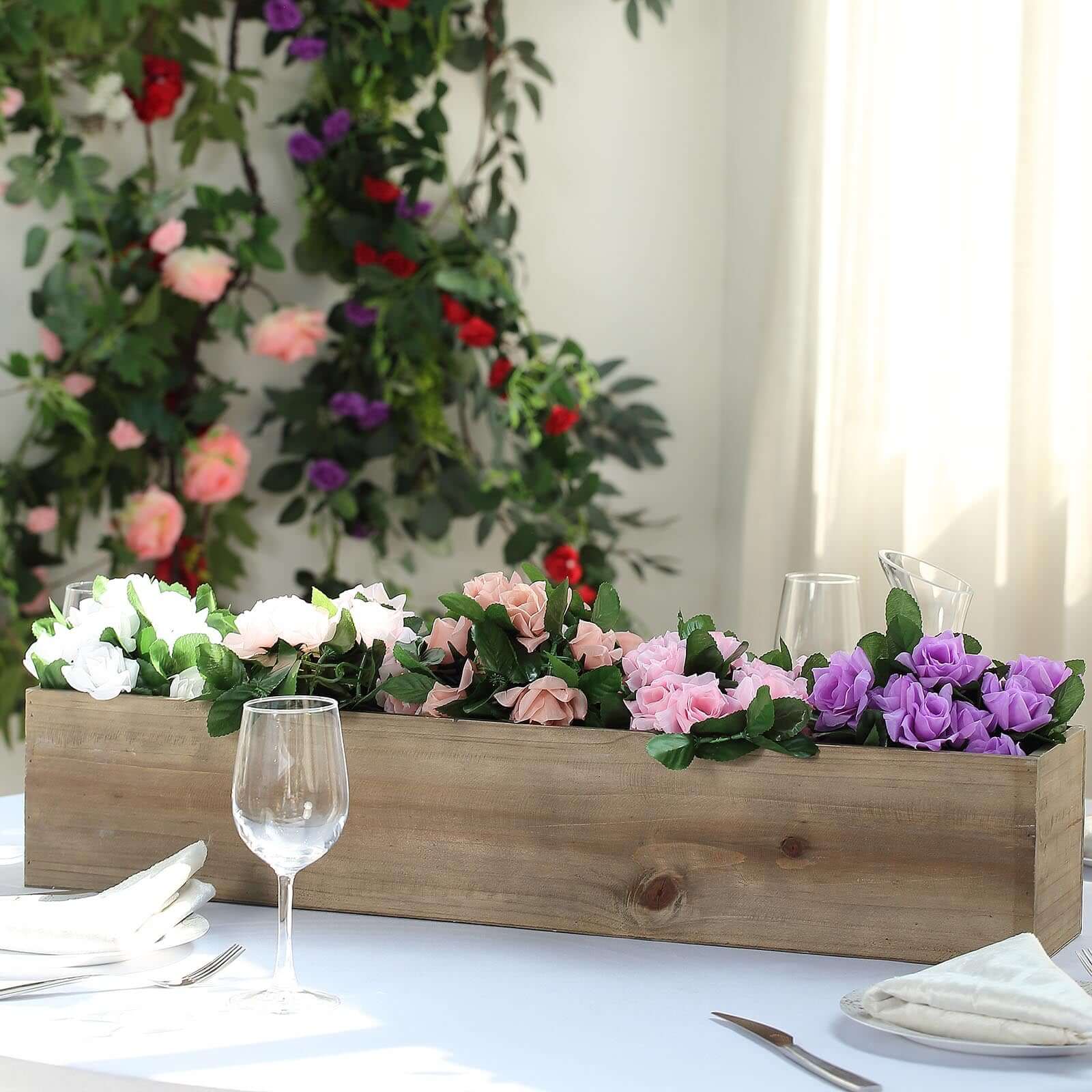 Natural Wood Planter Rectangular Box 30x6- Durable Decor with Removable Plastic Liner for Tables