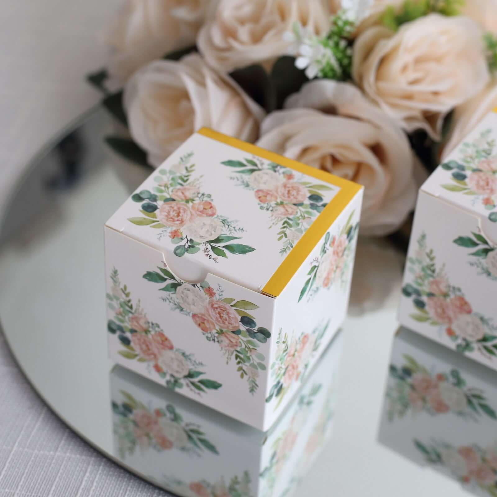 25 Pack White Pink Peony Flowers Print Paper Favor Boxes with Gold Edge, Cardstock Party Shower Candy Gift Boxes - 3x3x3