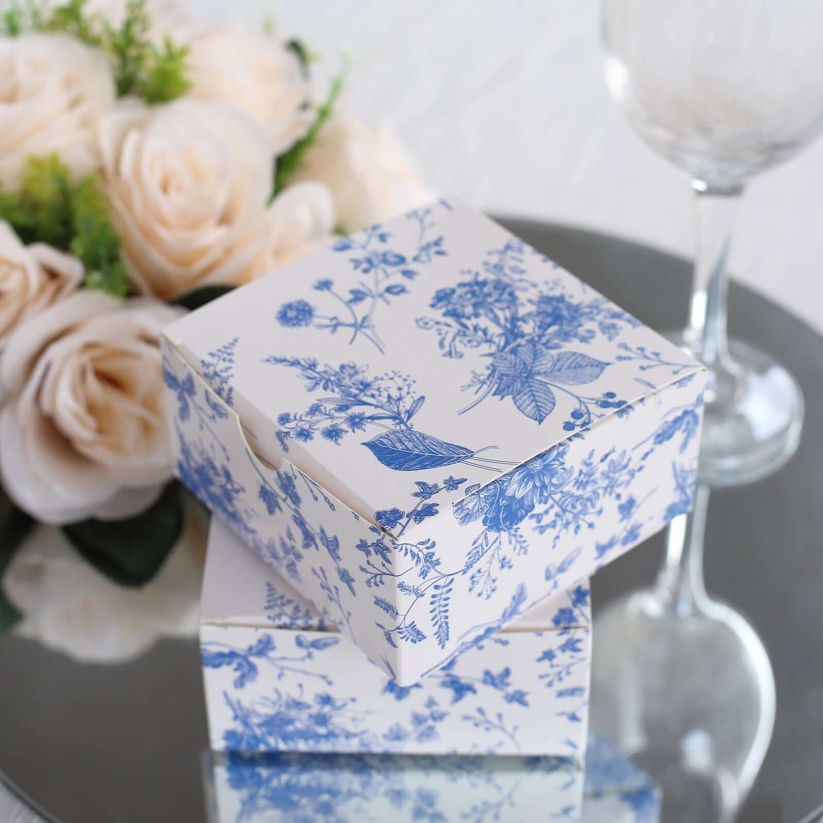 25 Pack White Blue Paper Favor Boxes in French Toile Pattern, Cardstock Party Shower Candy Gift Boxes - 4x4x2