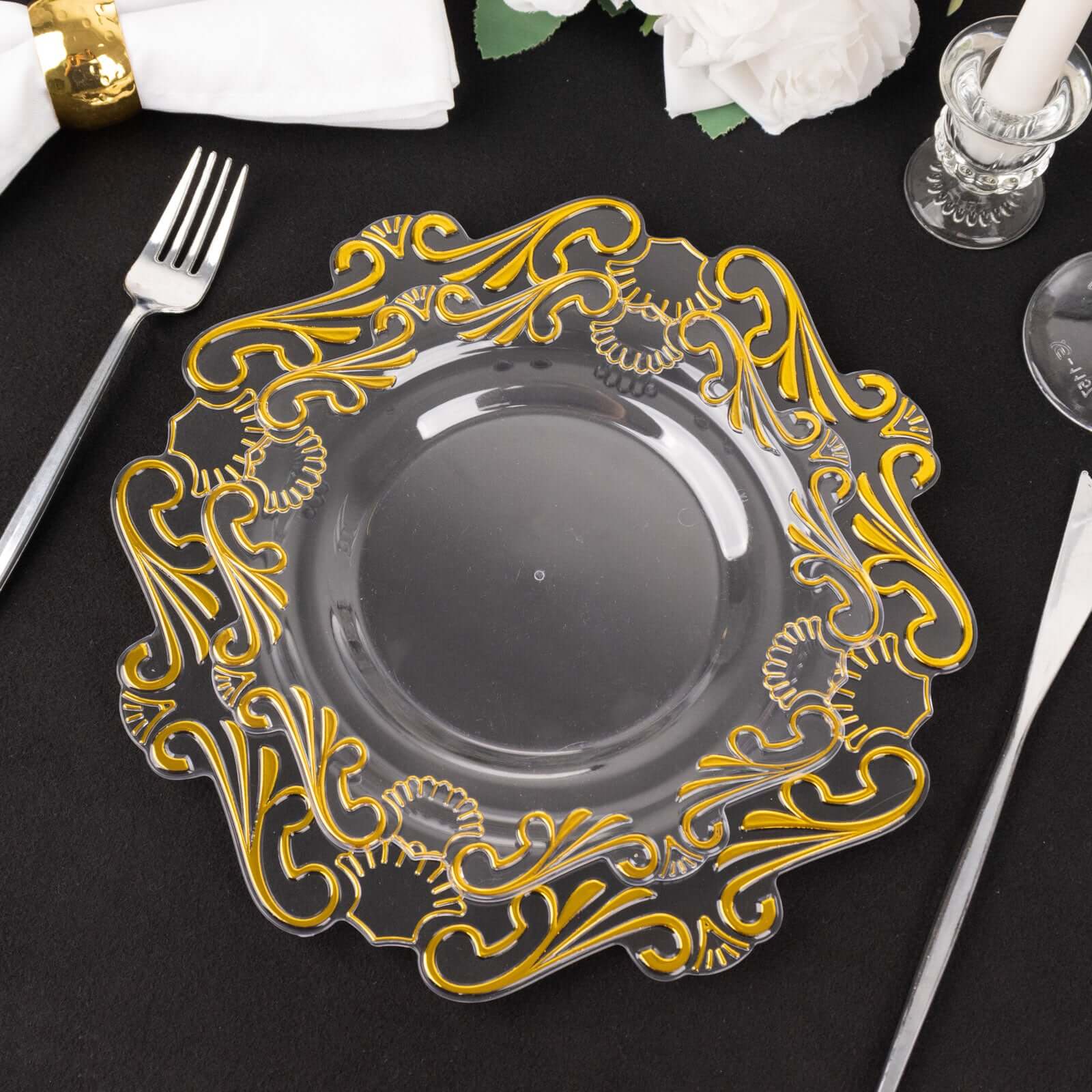 10-Pack Plastic 10 Round Dinner Plates in Clear with Gold Vintage Baroque Scalloped Rim - European Style Disposable Party Plates