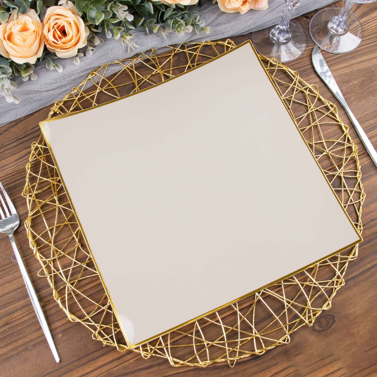 10-Pack Plastic 10 Square Dinner Plates in Taupe Concave Style with Gold Rim - Modern Disposable Party Plates