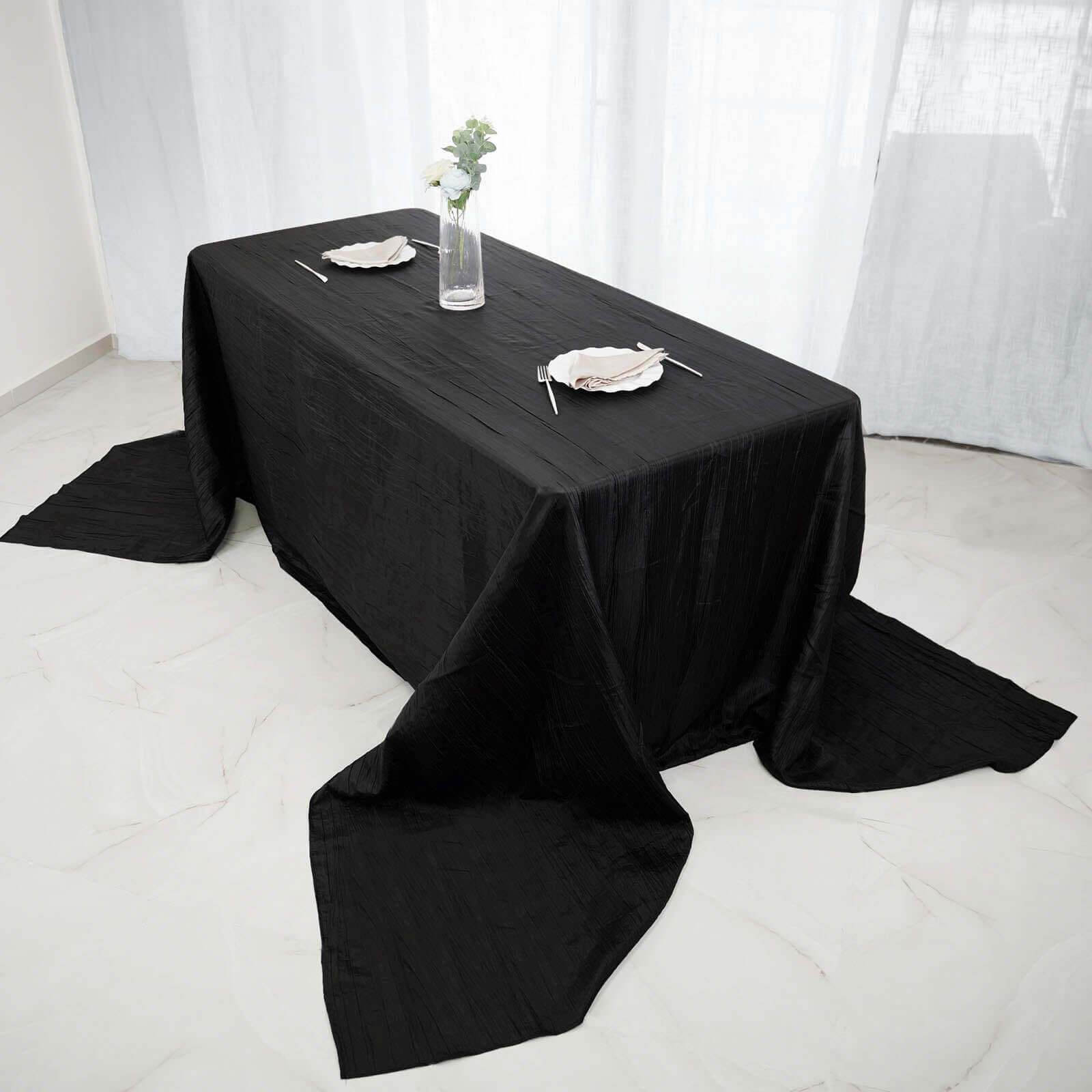 Taffeta 90x156 Rectangle Tablecloth Black - Accordion Crinkle Seamless Table Cover