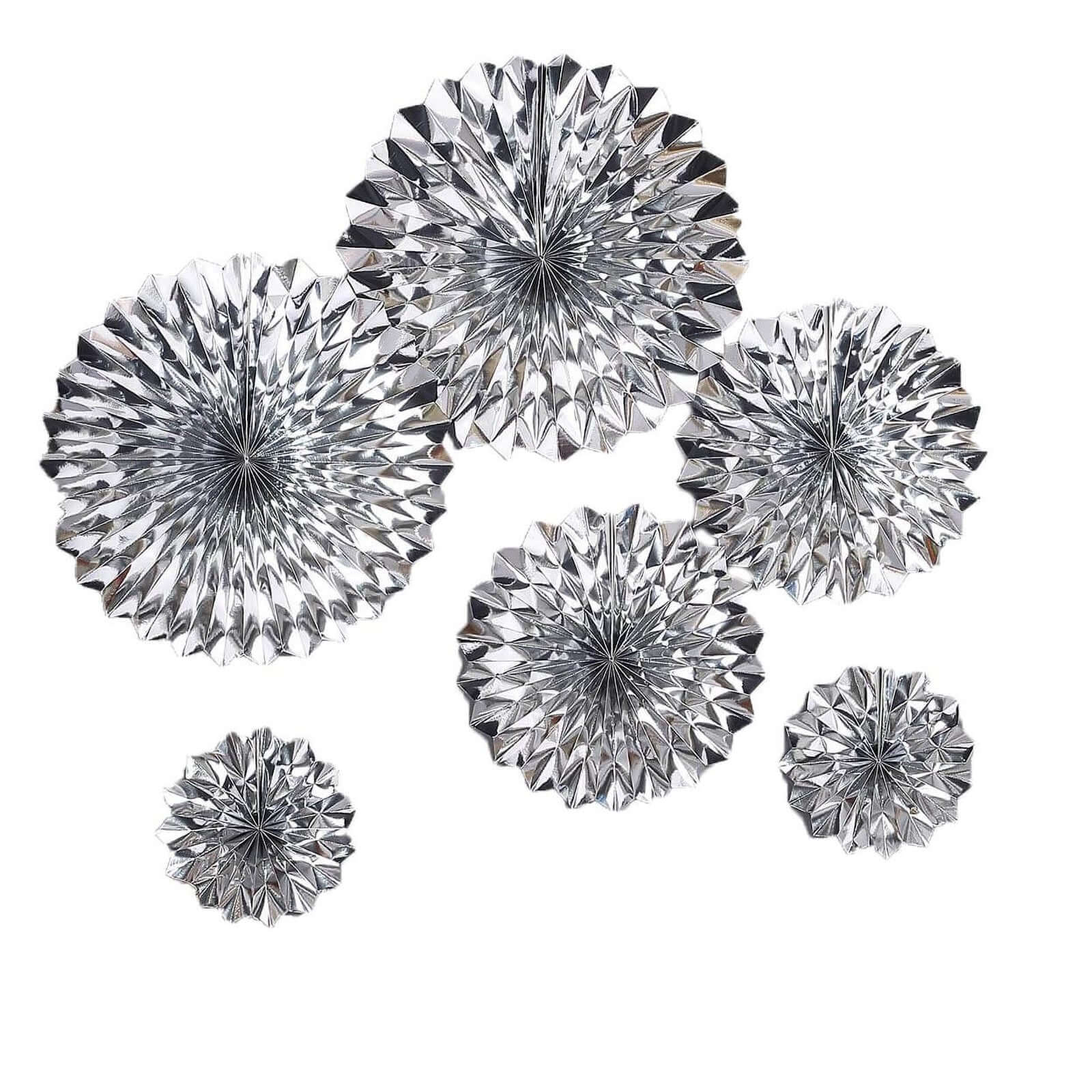 Set of 6 Metallic Silver Hanging Paper Fan Decorations, Pinwheel Wall Backdrop Party Kit - 8, 12, 16