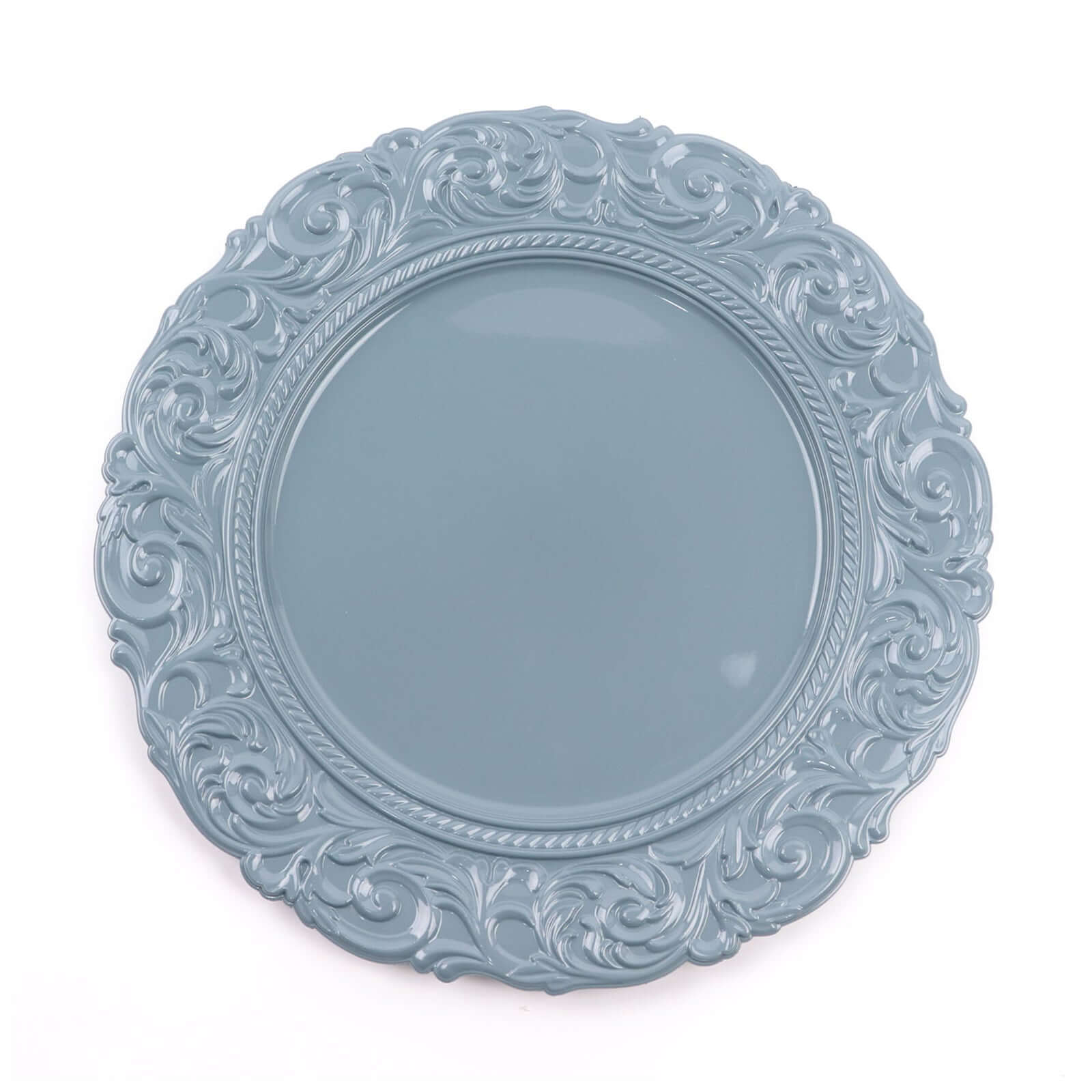 6-Pack Acrylic Round Charger Plates 14 in Dusty Blue with Engraved Baroque Rim, Vintage Disposable Decorative Chargers