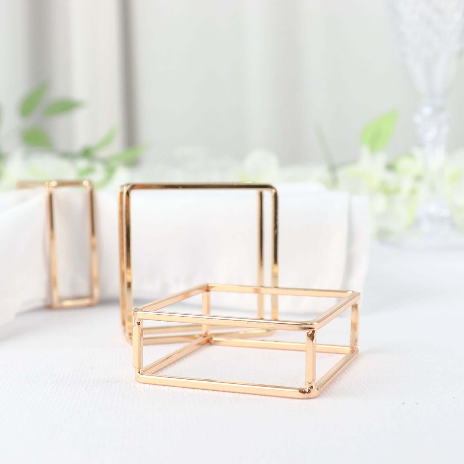 4 Pack Gold Metal Hollow Square Napkin Rings, Modern Geometric Cube Napkin Holders