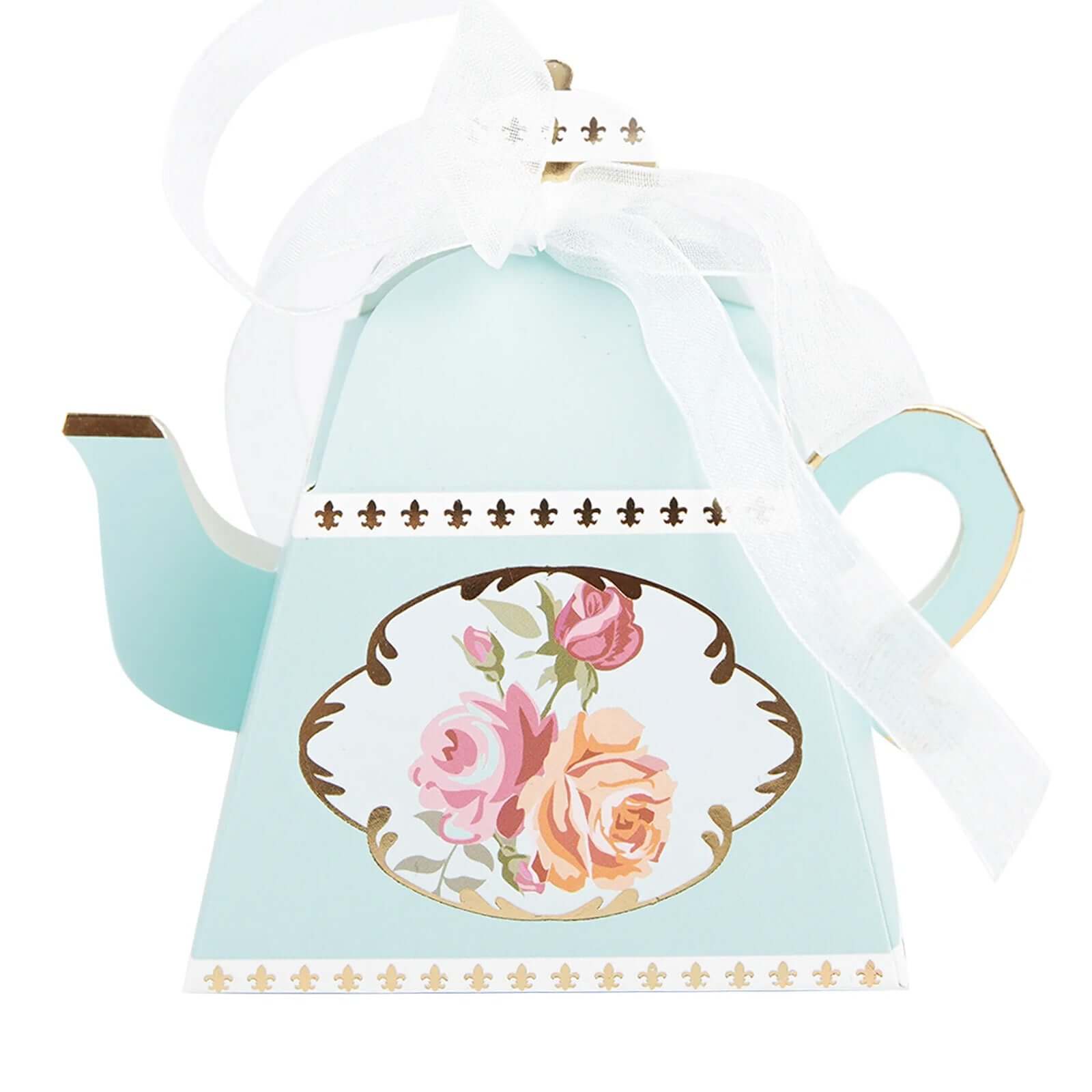 25 Pack 4 Light Turquoise Mini Teapot Favor Boxes, Vintage Rose Gift Boxes with Ribbons