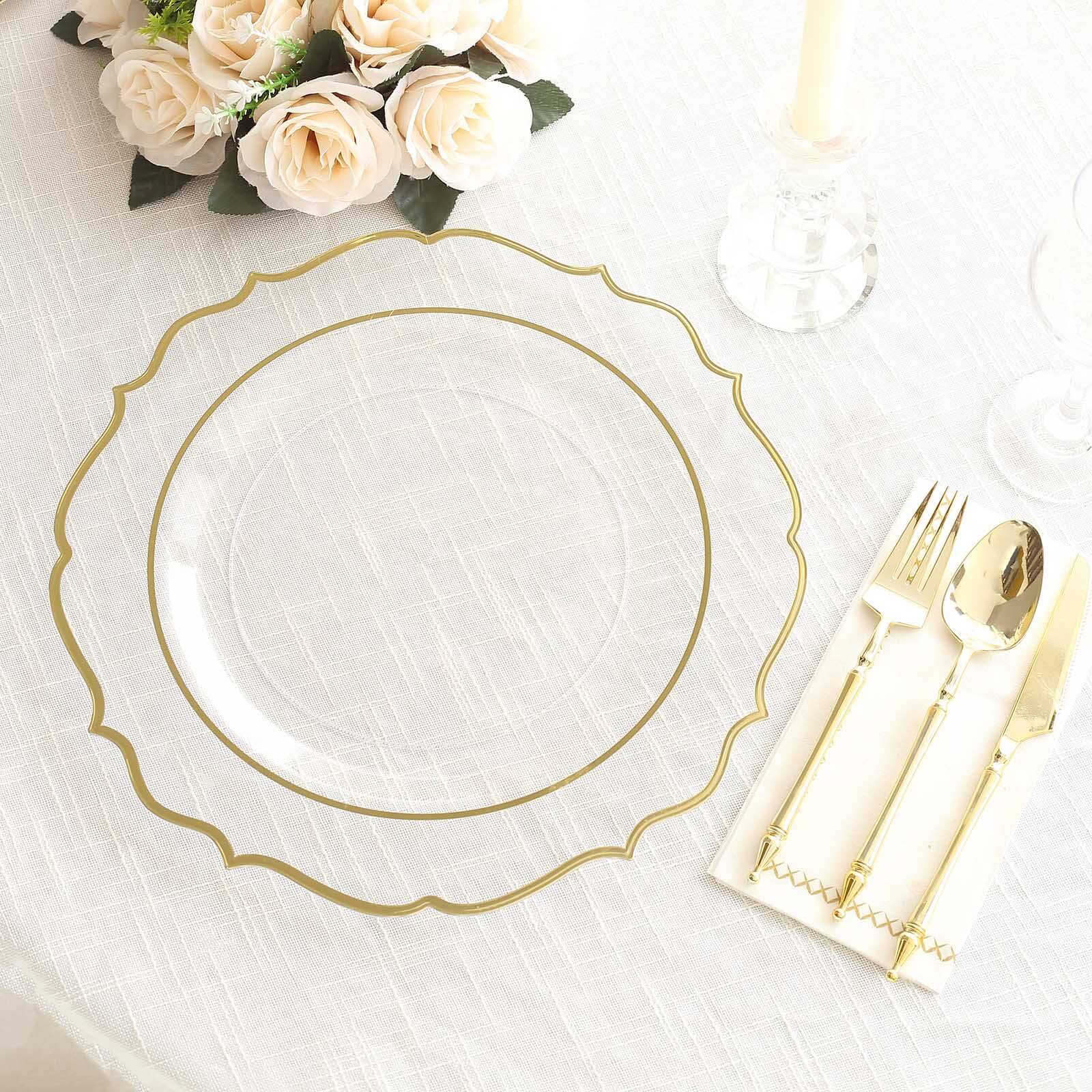 10-Pack Economy Plastic Round Charger Plates 13 in Clear with Gold Scalloped Rim, Decorative Dinner Party Serving Plates