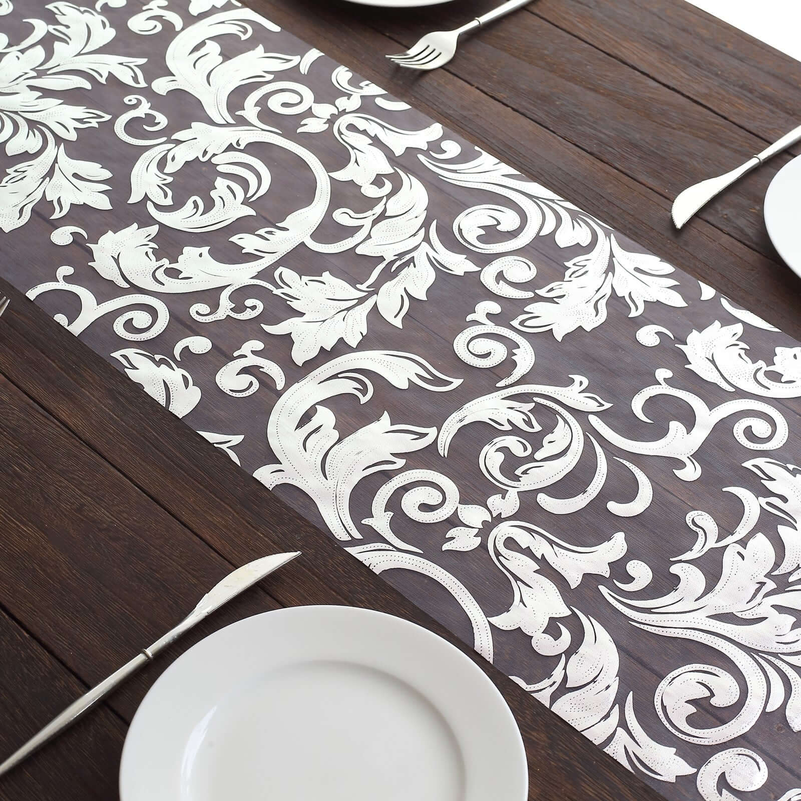 Sheer Organza 12x108 Table Runner Roll Metallic Silver Foil Floral Swirl Design - Disposable Stylish Event Decoration