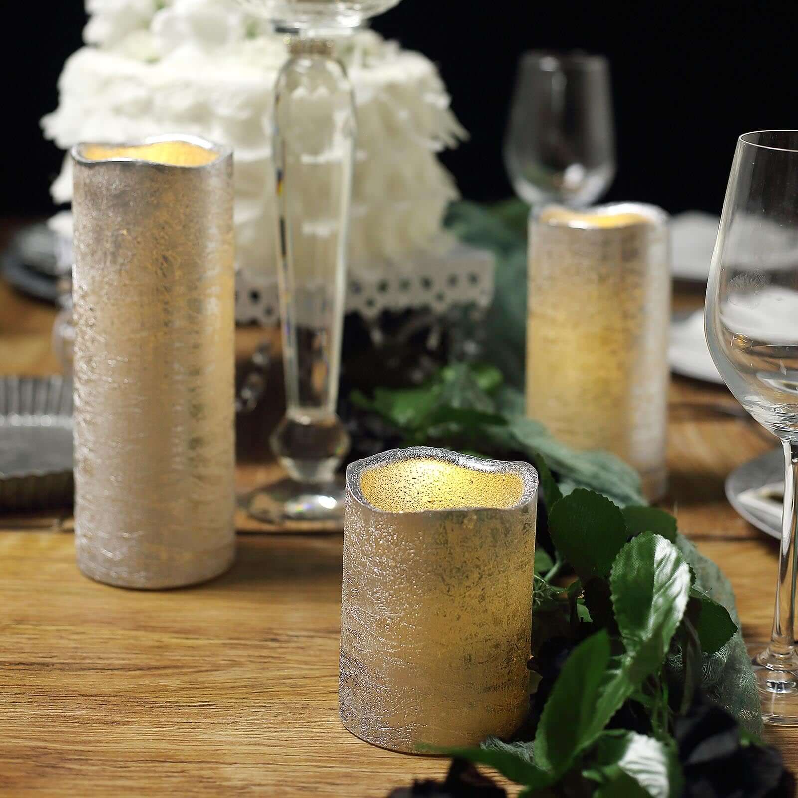 Set of 3 LED Flameless Pillar Candles Remote Operated Metallic Silver - Battery Powered 4, 6, 8