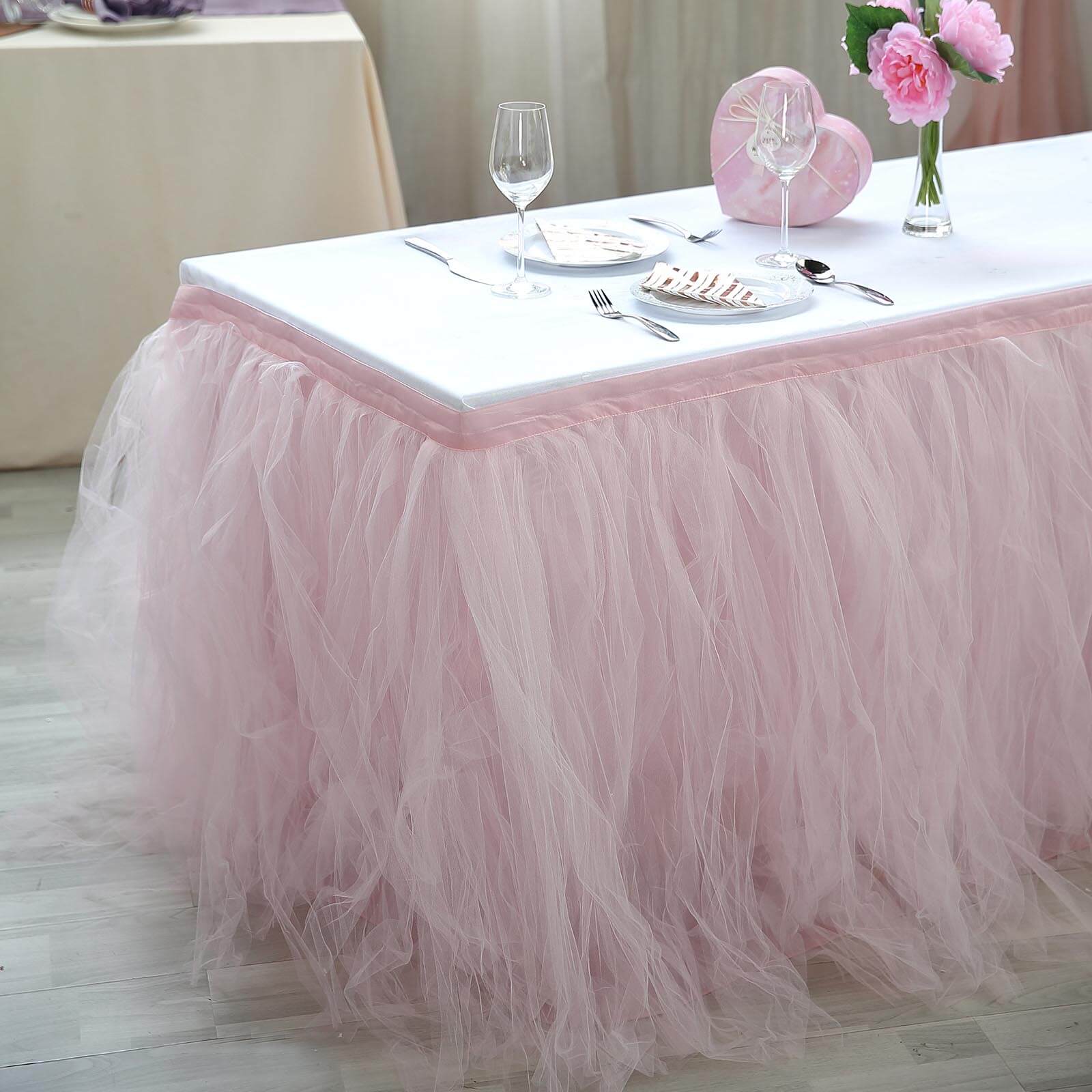 Tulle 14ft Table Skirt Blush - 4 Layer Pleated Tutu Table Cover