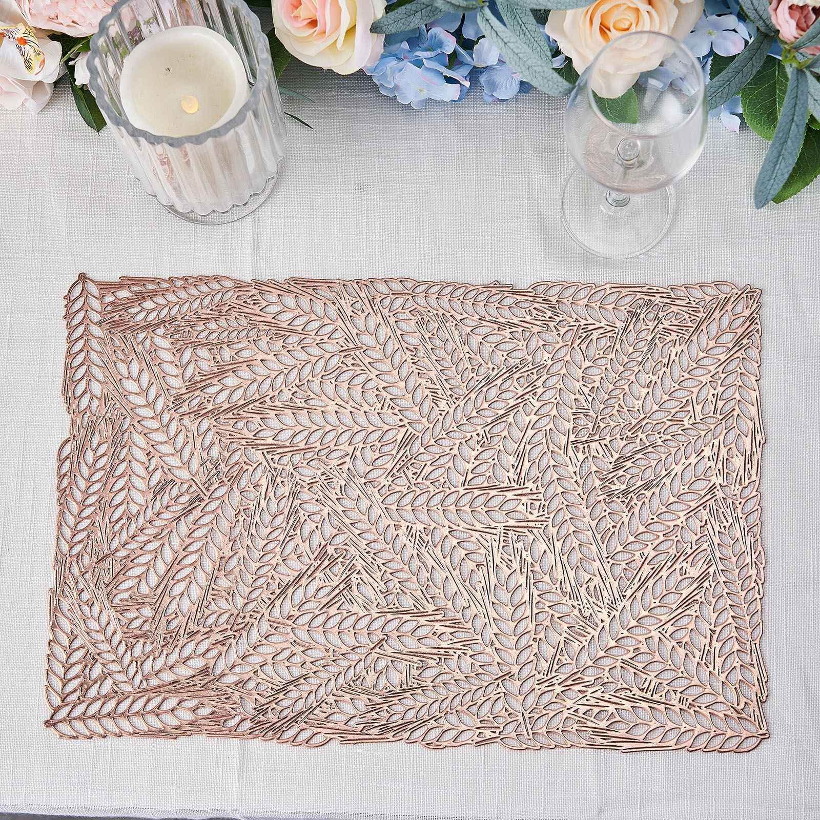 6-Pack Table Mats Wheat Design Rose Gold - Vinyl Rectangle Non-Slip Surface for Stylish Settings 12x18