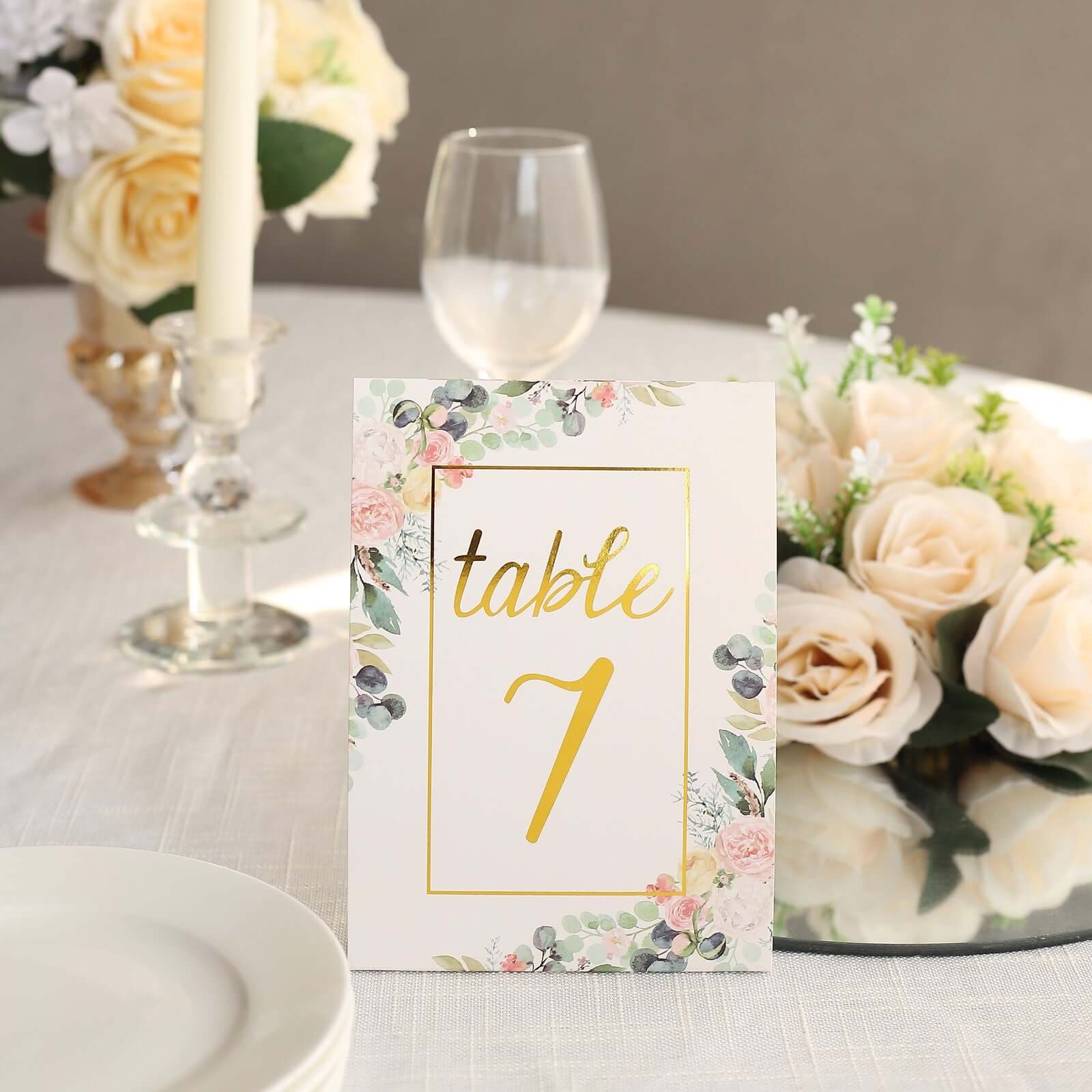 25-Pack Paper Wedding Table Numbers 1-25 White Peony Flower Design - Free Standing Double Sided Table Signs with Glam Gold Foil Numbers 7