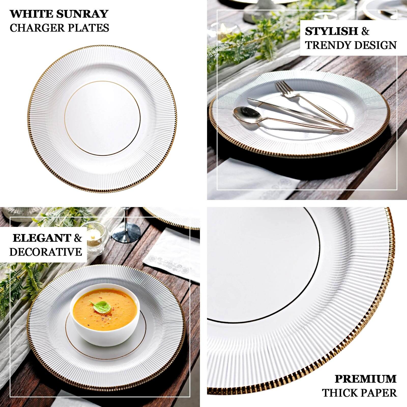 25-Pack Disposable Round Charger Plates in White Sunray Design with Gold Rim - 350GSM Heavy Duty Paper Chargers for Chic Table Settings 13