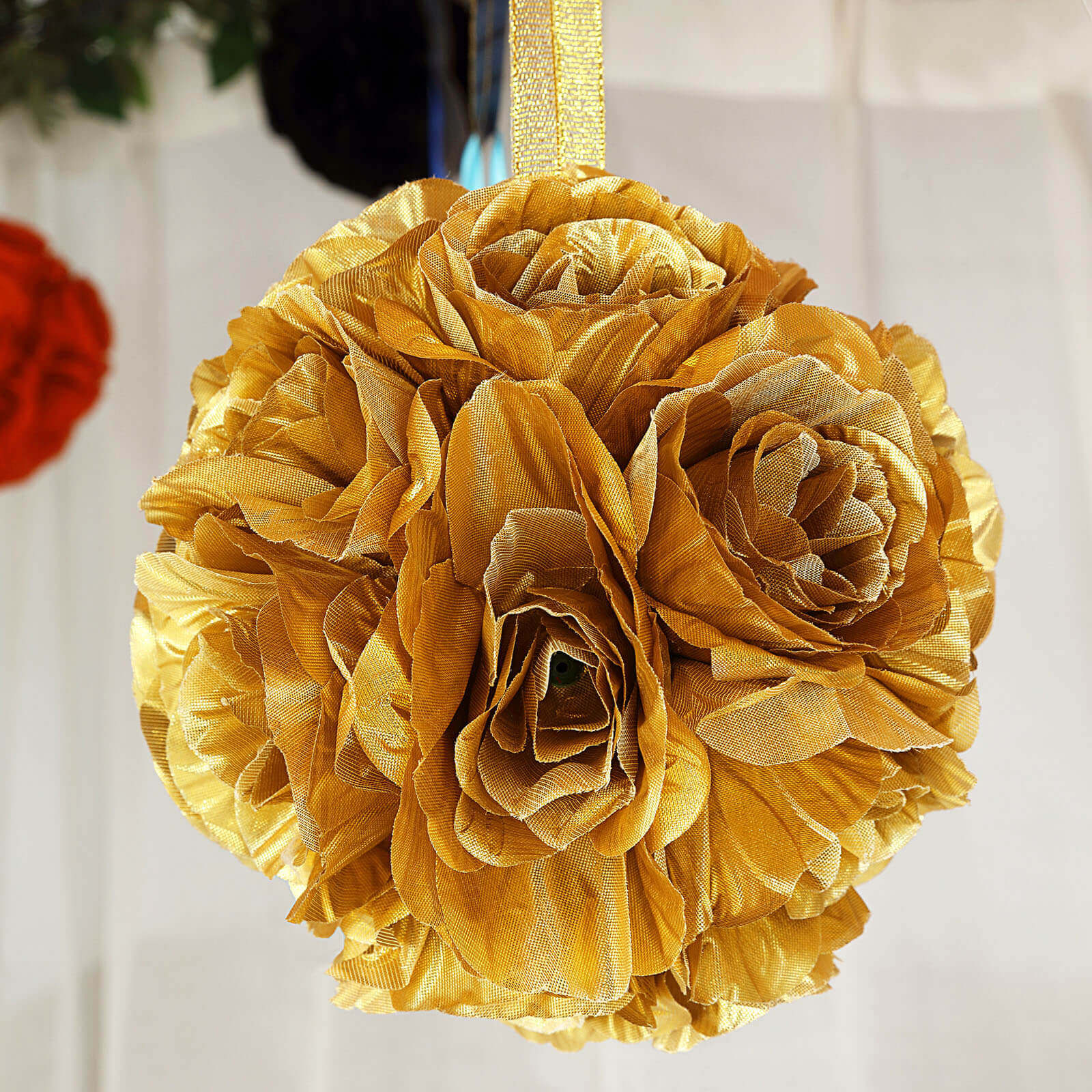 2 Pack 7 Gold Artificial Silk Rose Kissing Ball, Faux Flower Ball