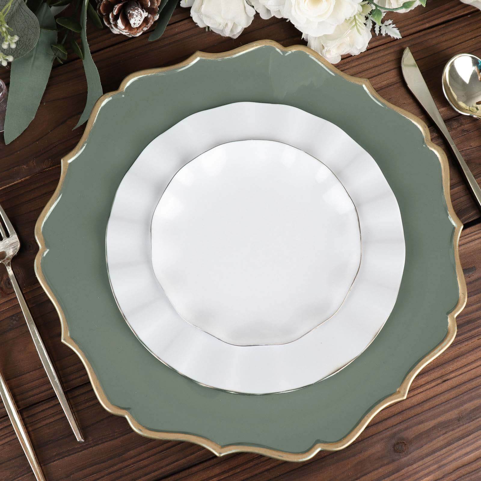 6-Pack Acrylic Round Charger Plates 13 in Olive Green with Gold Scalloped Rim, Decorative Dinner Party Plastic Charger Tableware