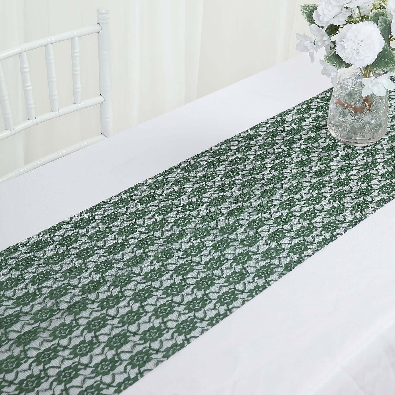 Floral Lace 12x108 Table Runner Hunter Emerald Green - Stylish Vintage Table Decor