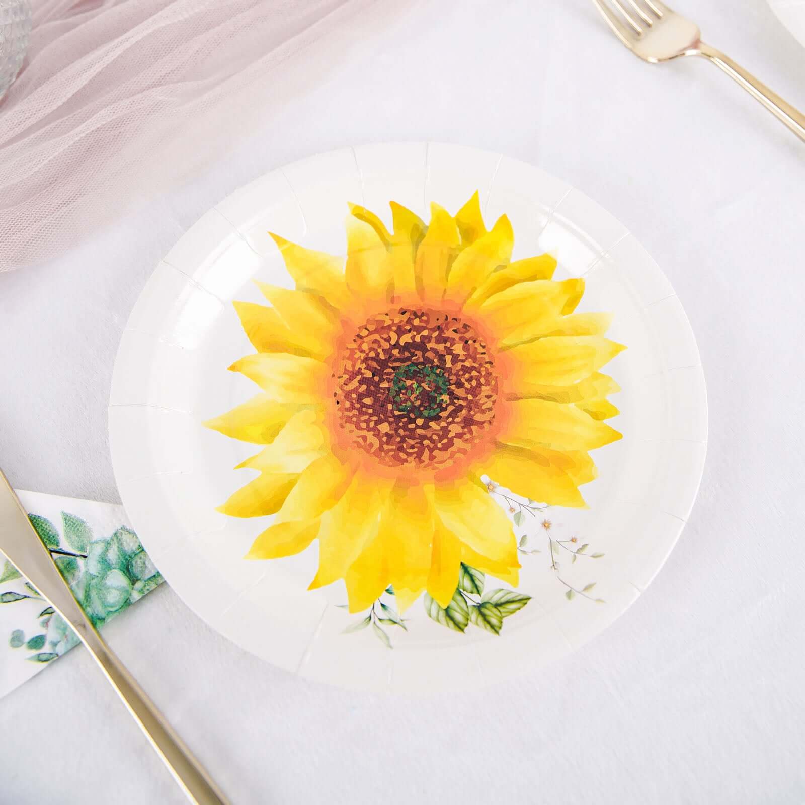 25-Pack Paper 7 Round Dessert Plates White with Sunflower Design - Disposable Salad Plates for Rustic Events & Garden Themes