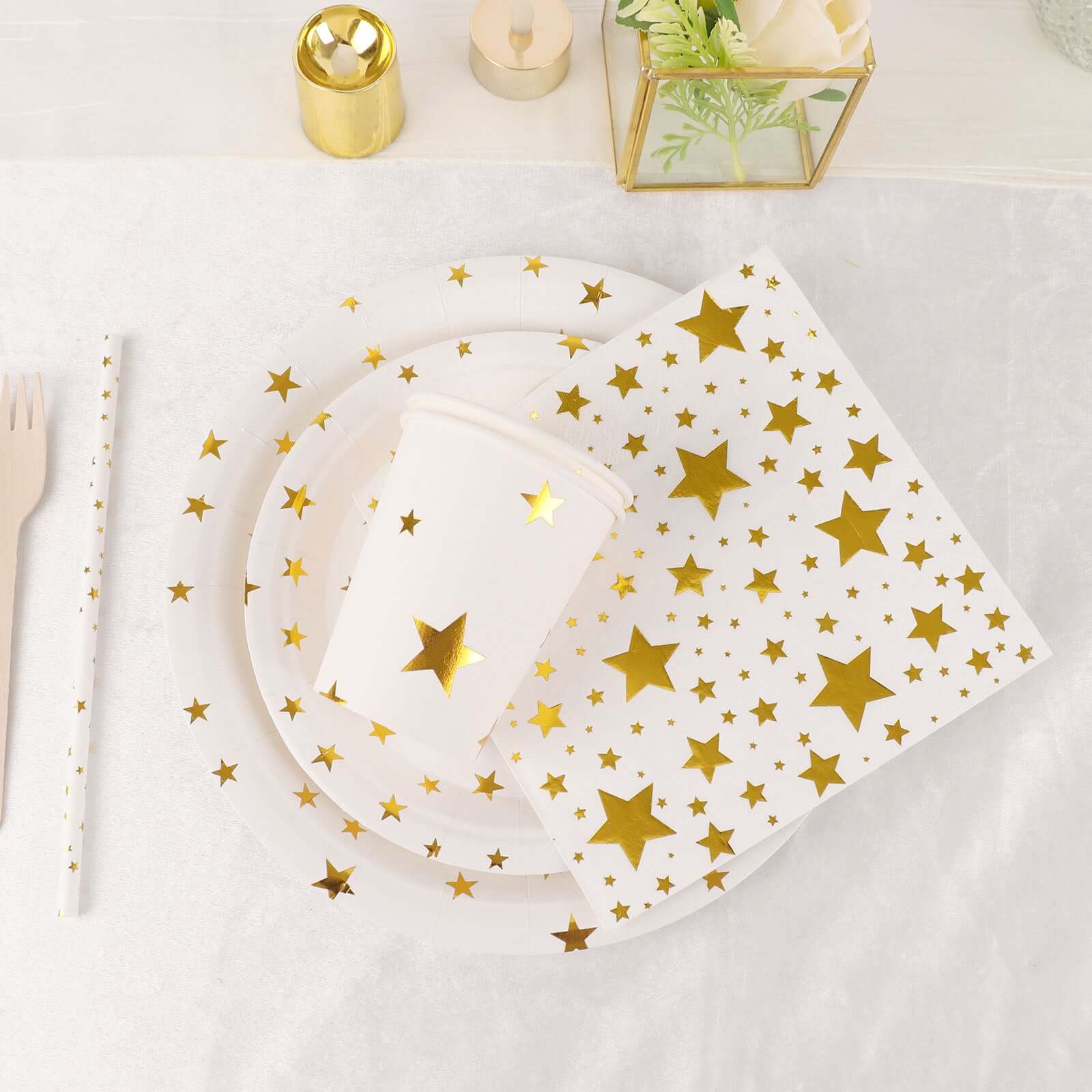 120 Pcs Paper Dinnerware Set White with Gold Stars Design - Disposable Tableware Combo-Pack with Plates, Cups, and Napkins