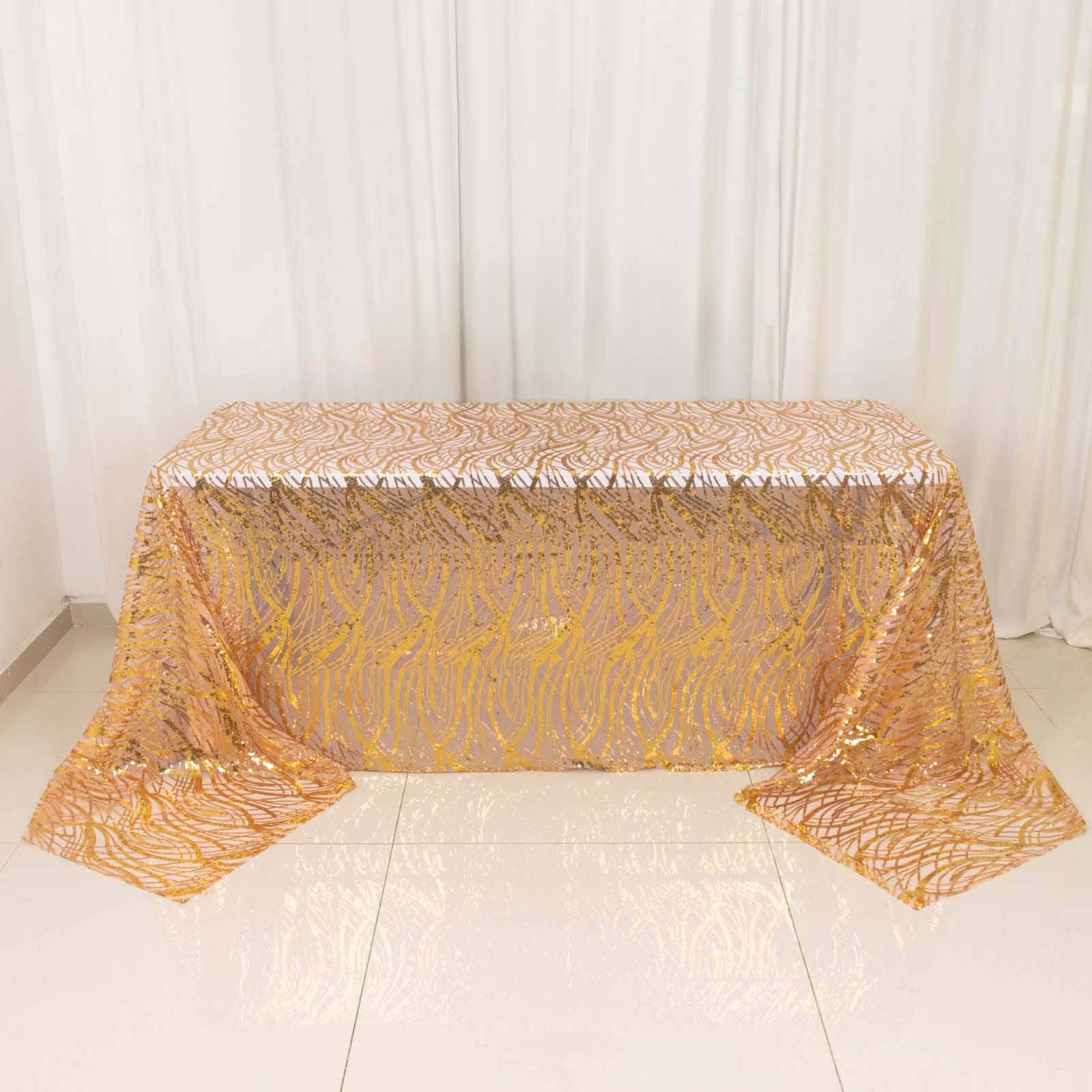 Mesh 90x156 Rectangle Tablecloth Rose Gold/Gold - Wave Sequin Embroidered Table Cover