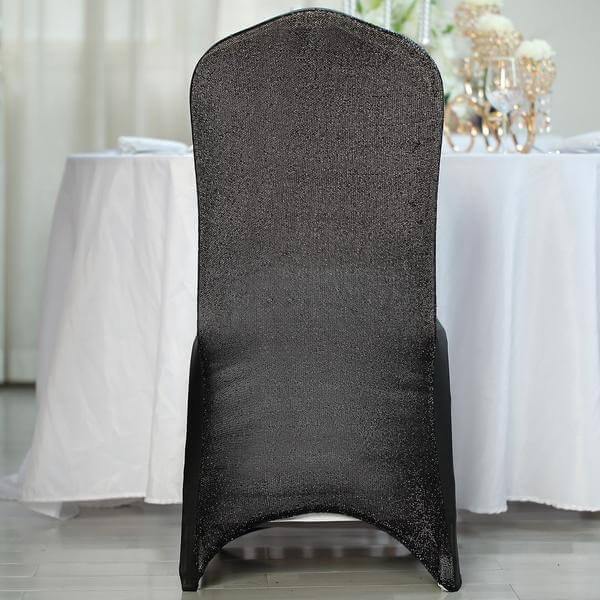 Spandex Chair Cover with Metallic Shimmer Tinsel Back for Banquet Chairs Black - Luxe Fitted Slipcover for Weddings & Parties