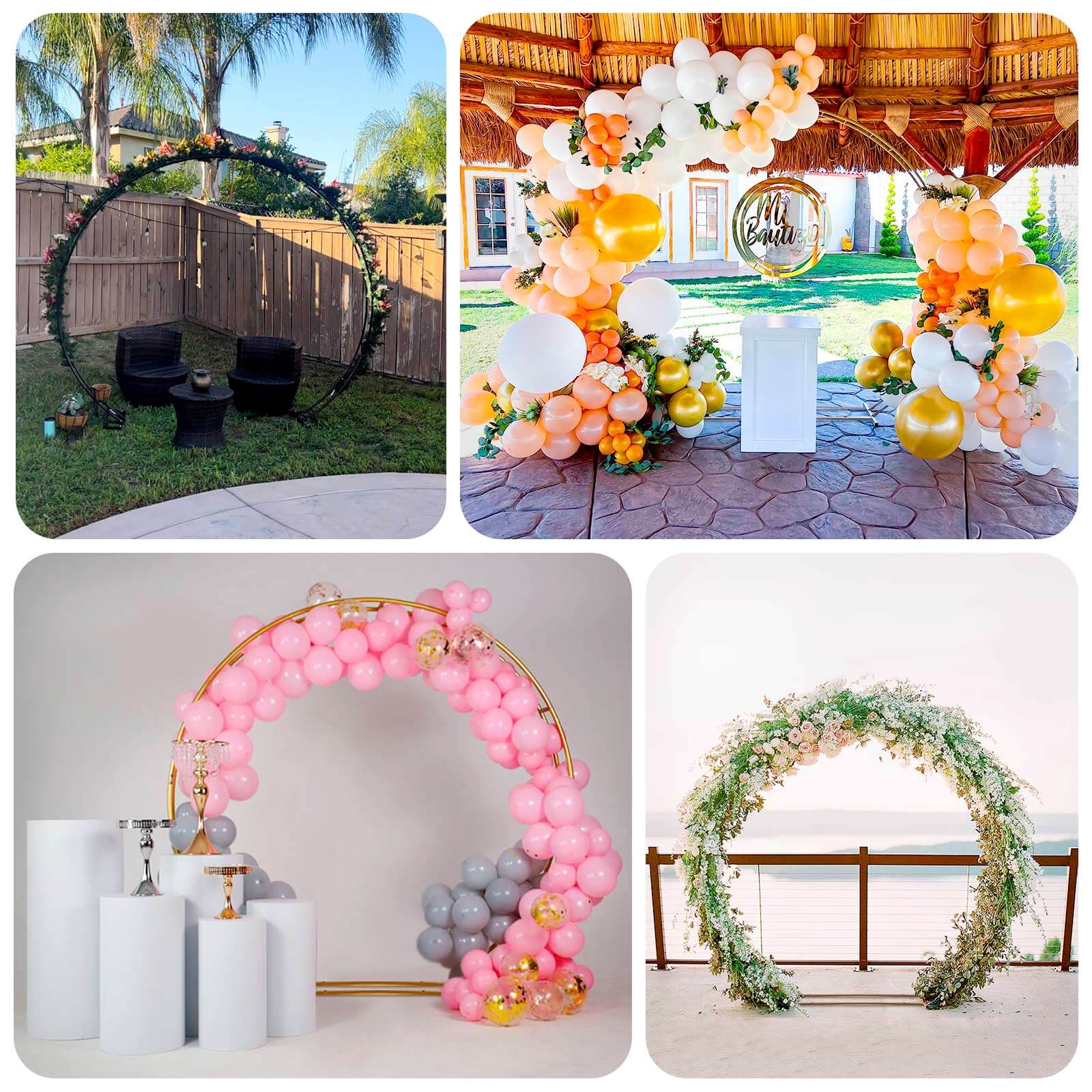 7.5ft Heavy Duty Gold Metal Round Wedding Arbor Floral Balloon Frame, Double Hoop Wedding Arch Photo Backdrop Stand