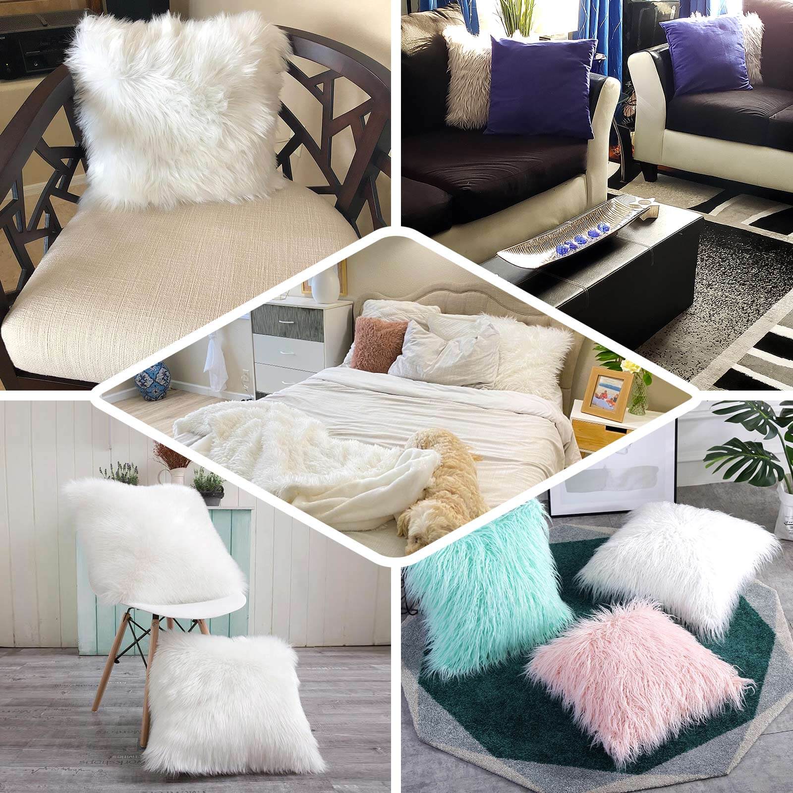 2 Pack 18 White Faux Fur Sheepskin Throw Pillow Cases, Square Pillow Covers