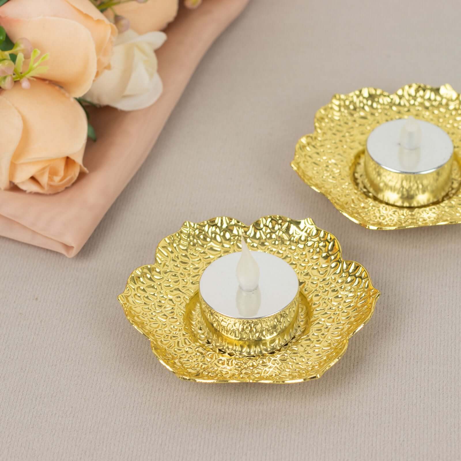 3-Pack Metal Votive Candle Holders Plum Blossom Design Shiny Gold - Vintage Mini Tea Cup Saucers 4