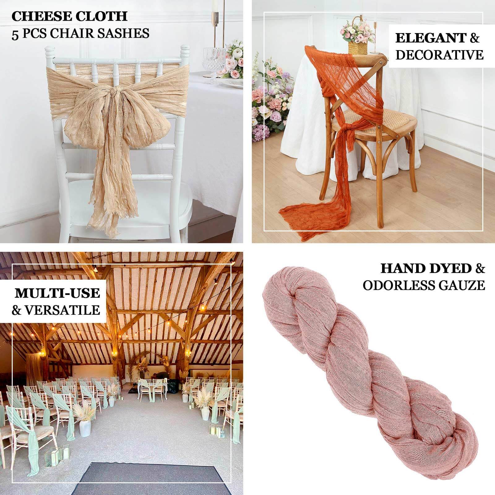 5 Pack Cheesecloth Gauze 16x88 Chair Sashes Nude Beige - Boho Chair Decorations