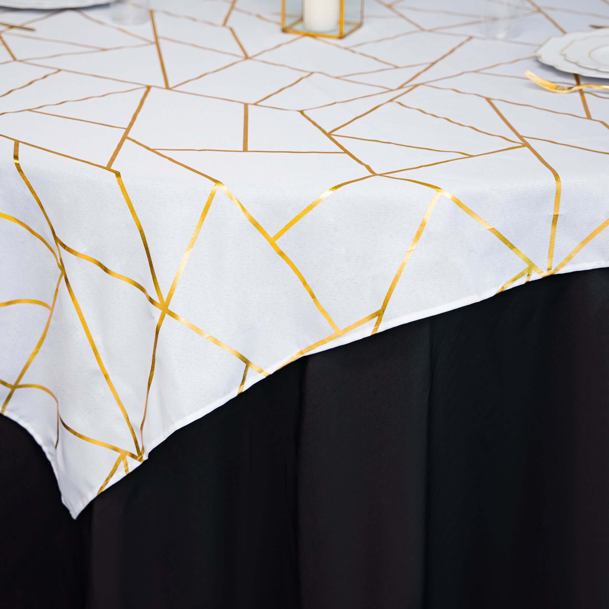 Polyester 54x54 Table Overlay Square Tablecloth White with Gold Foil Geometric Pattern - Wrinkle-Resistant & Durable for Stylish Settings