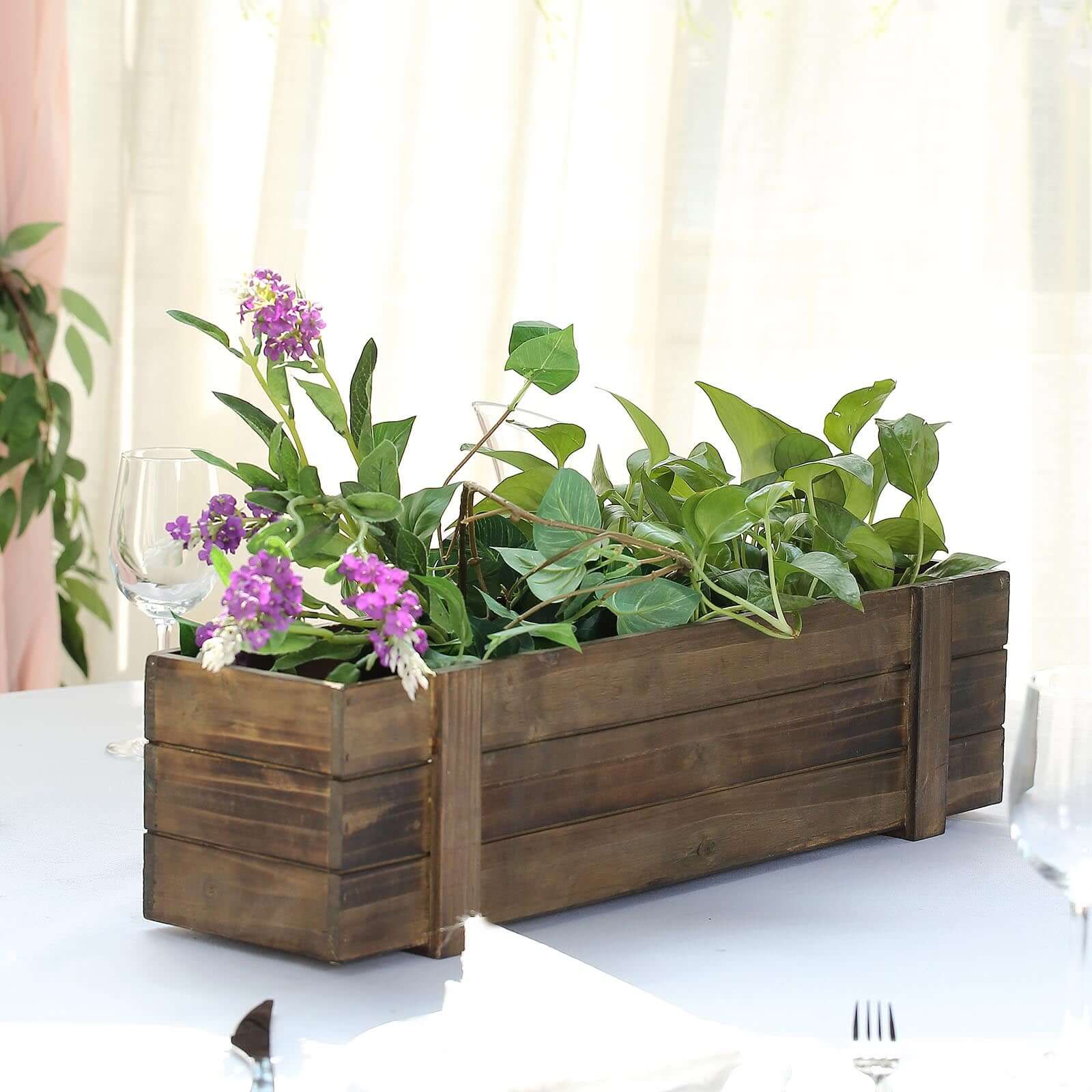 Rustic Wood Planter Box Smoked Brown - Durable Event Decor with Removable Plastic Liner 24x6