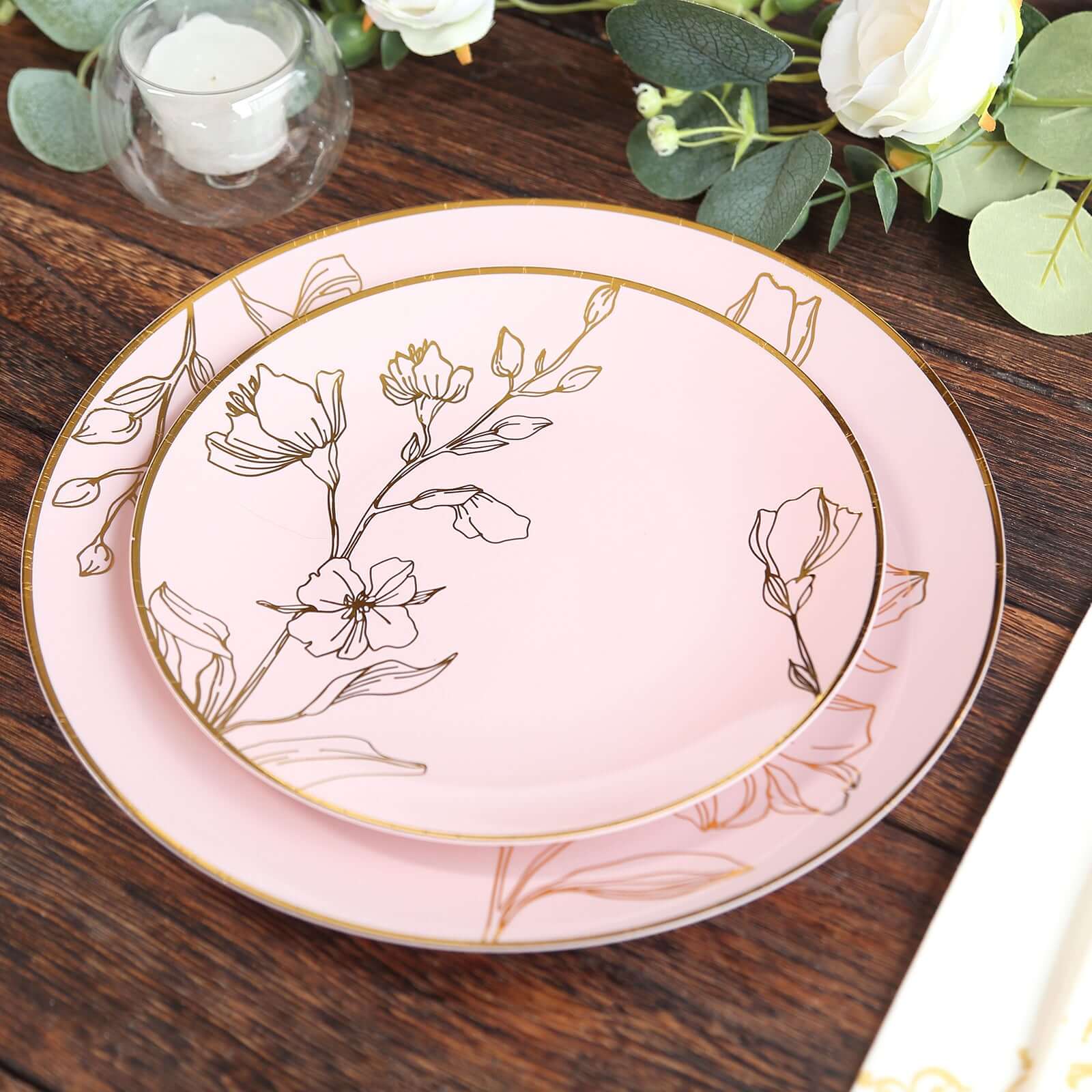 Set of 20 Plastic Round Dinner and Dessert Plates in Dusty Rose with Metallic Gold Floral Design - Stylish Disposable Dinnerware 8, 10