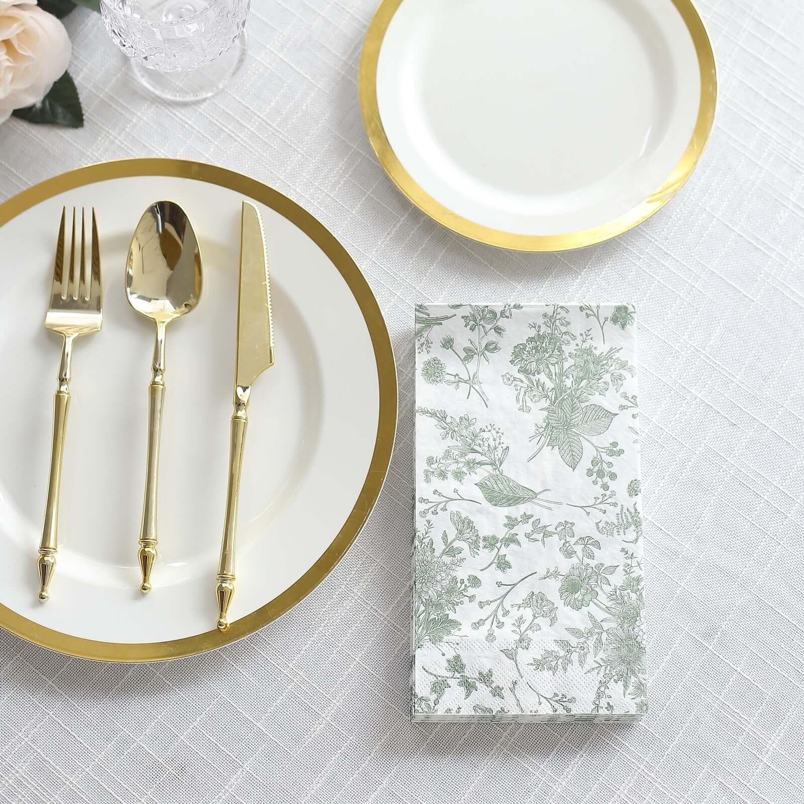 20-Pack Paper Dinner Napkins White/Sage Green with French Toile Pattern 2 Ply - Stylish Disposable Napkins for Parties