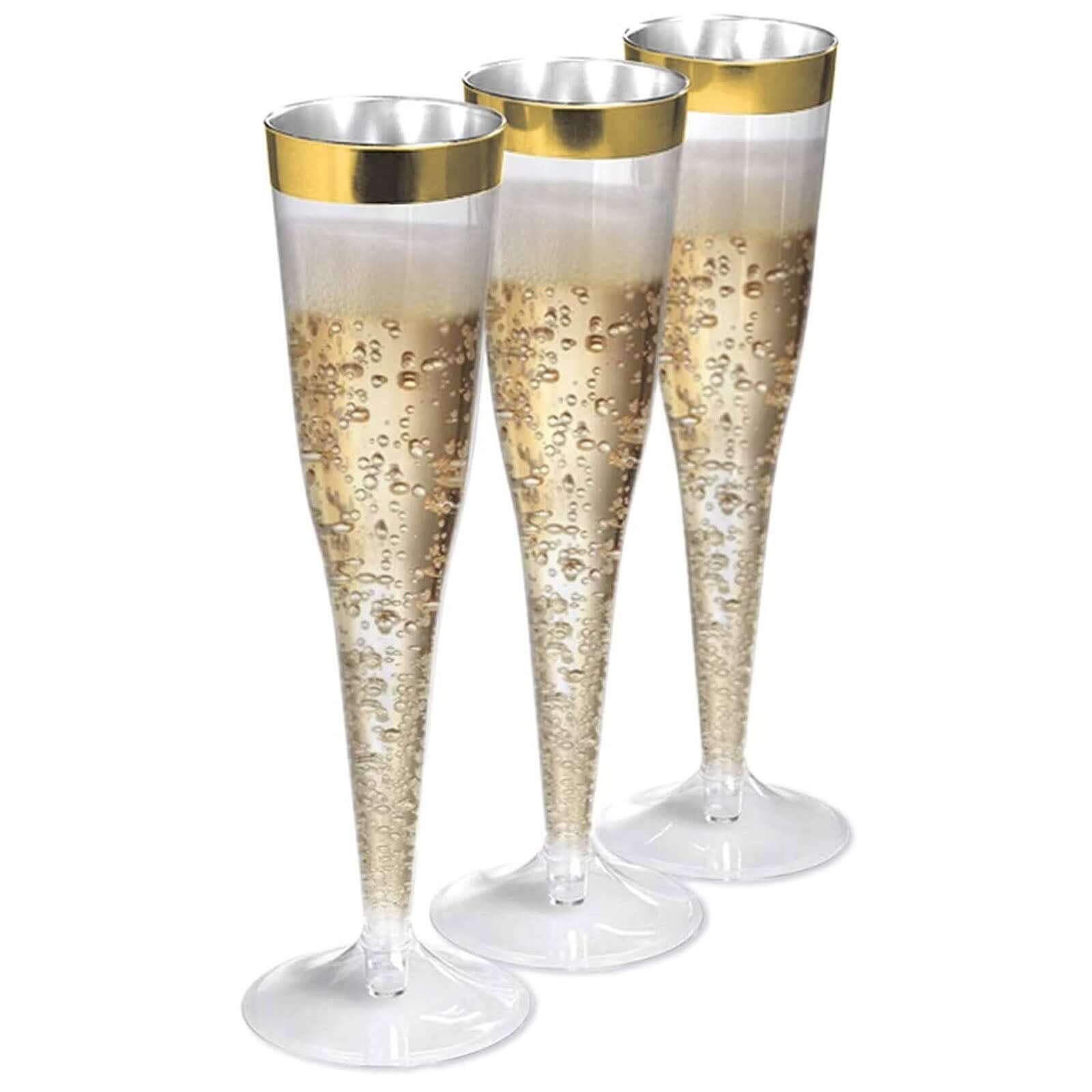 12-Pack Plastic Champagne Flutes Clear/Gold Hollow Stem - Stylish Disposable Glasses with Detachable Base for Toasts 6oz