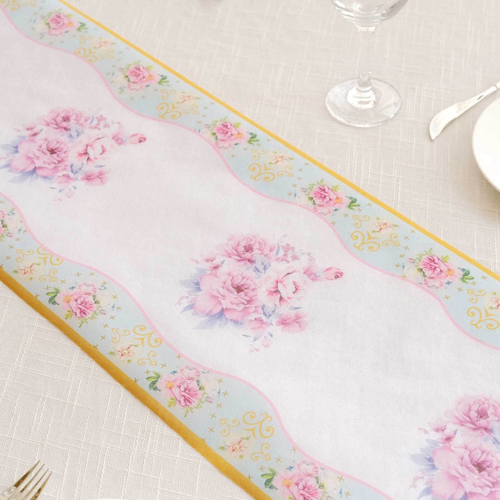 Disposable Table Runner 11x108 White with Pink Peony Floral Print - Non-woven Stylish Spring Summer Dining Decor