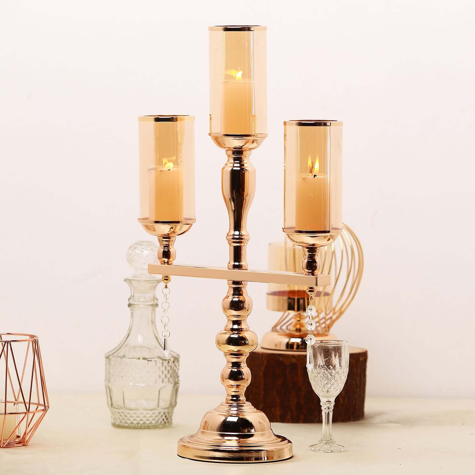 3-Arm Gold Candelabra Metal with Amber Glass Shades - Stylish Table Centerpiece for Gatherings