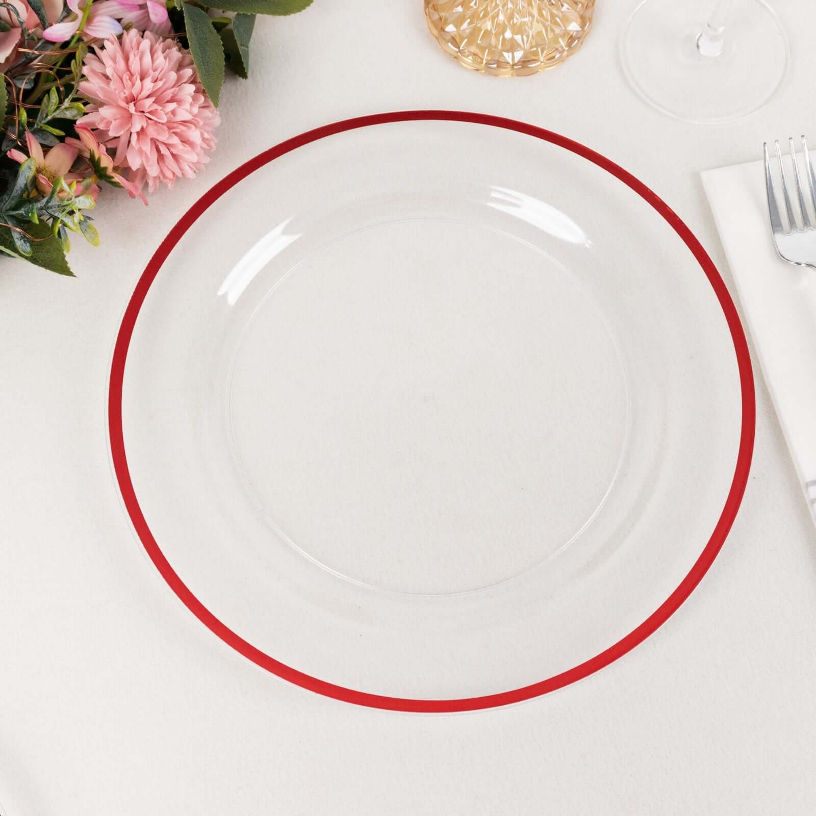 10-Pack Plastic 10 Round Dinner Plates in Clear with Red Rim - Disposable Party Plates for Classy Banquets & Special Occasions