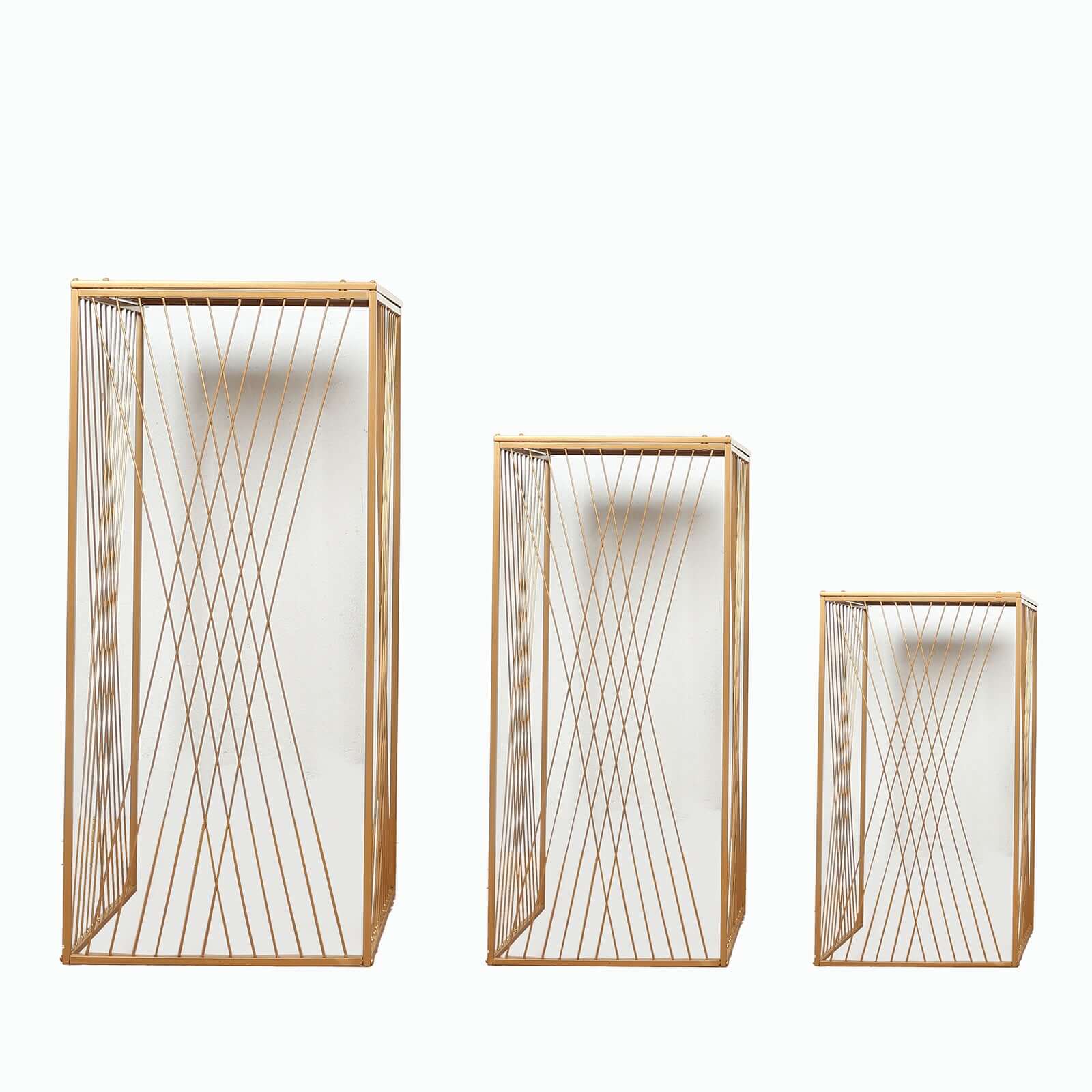 Set of 3 Gold Metal Rectangular Plant Stands with Geometric Crossed Lines Pattern, Nesting Cake Dessert Tables Floral Display Stands - 19,27,35