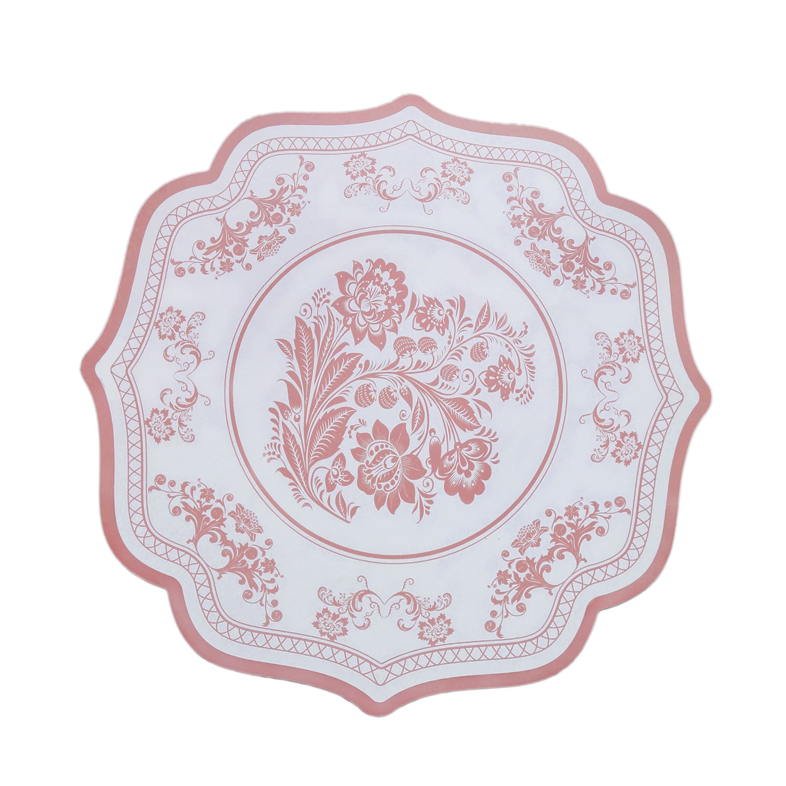 10-Pack Disposable Table Placemats 13 Round Placemats in White with Pink French Toile Pattern & Scalloped Rim - 400GSM Cardboard Placemats for Stylish Table Setting