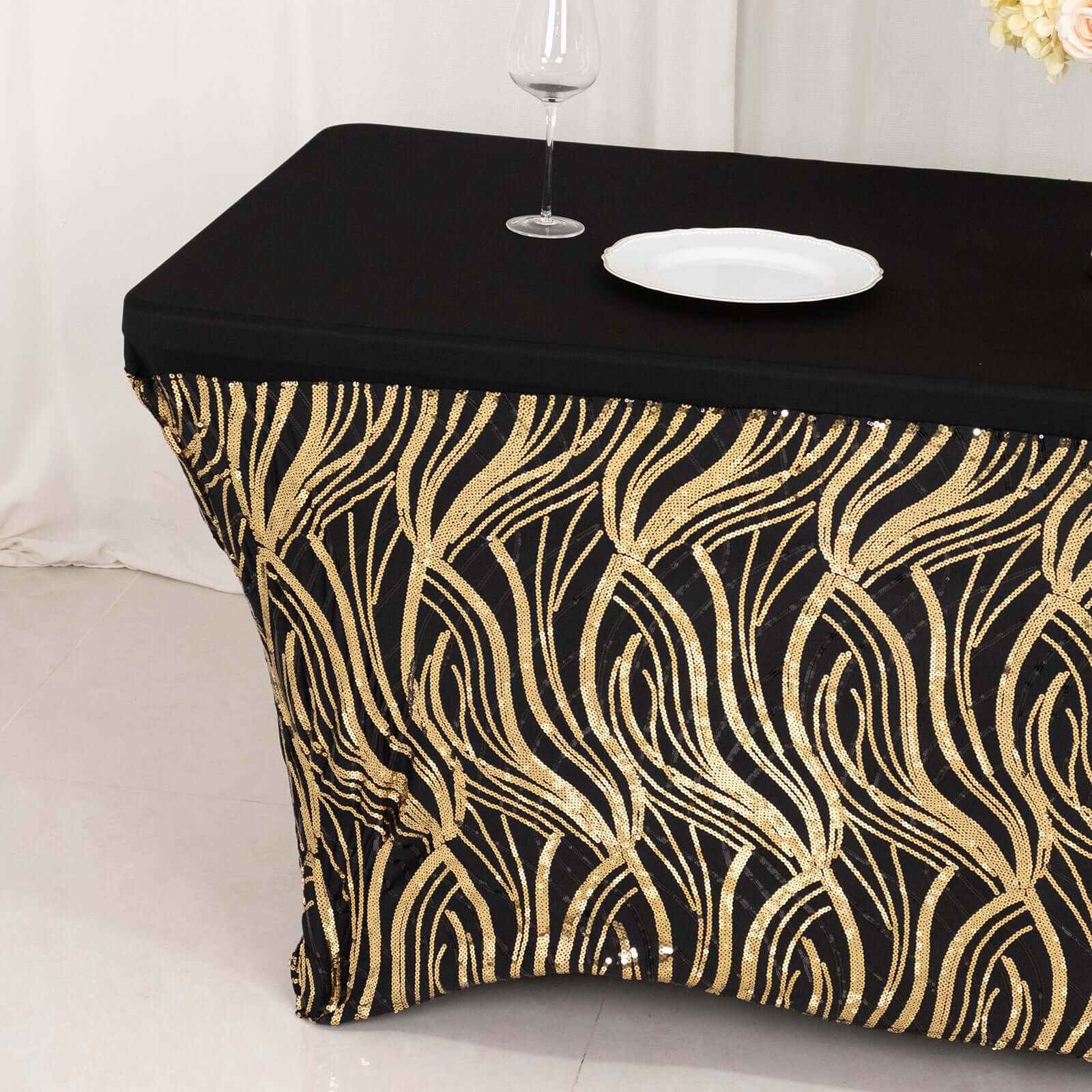 Sequin Stretch Spandex 72x30 Rectangle Tablecloth Black/Gold Wave Embroidered Design Four-Way Stretch Shimmering Table Cover for Luxe Event Decor