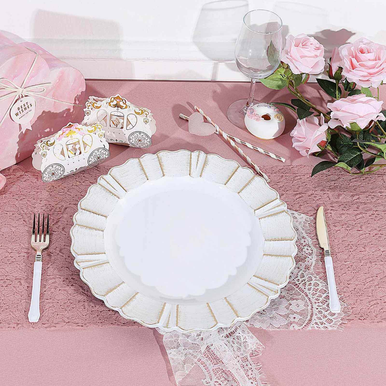 6-Pack Acrylic Plastic Round Charger Plates 13 in White with Gold Brushed Wavy Scalloped Rim, Decorative Dinner Party Charger Tableware