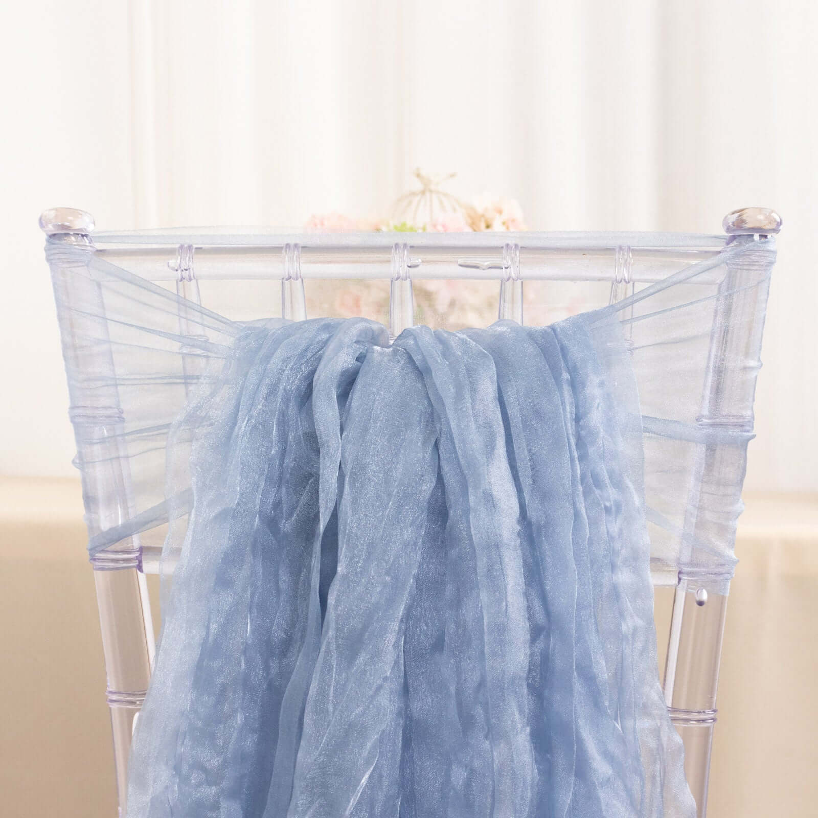 5 Pack Crinkled Organza Chair Sashes Dusty Blue with Shimmer Chiffon Layers - Stylish Sheer Decor