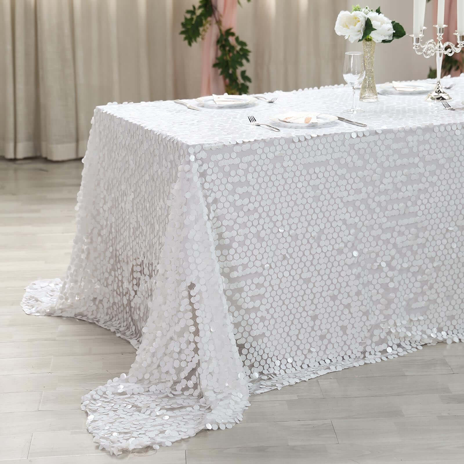 Sequin 90x156 Rectangle Tablecloth White - Seamless Big Payette Table Cover