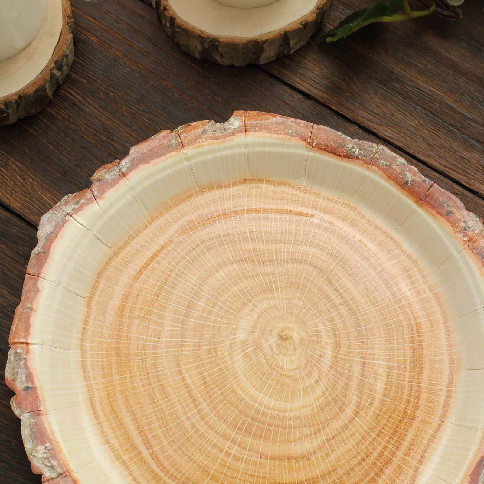 25-Pack Paper 7 Round Dessert Plates in Natural Wood Slice Print - Disposable Appetizer Salad Plates for Rustic Farmhouse Style Events