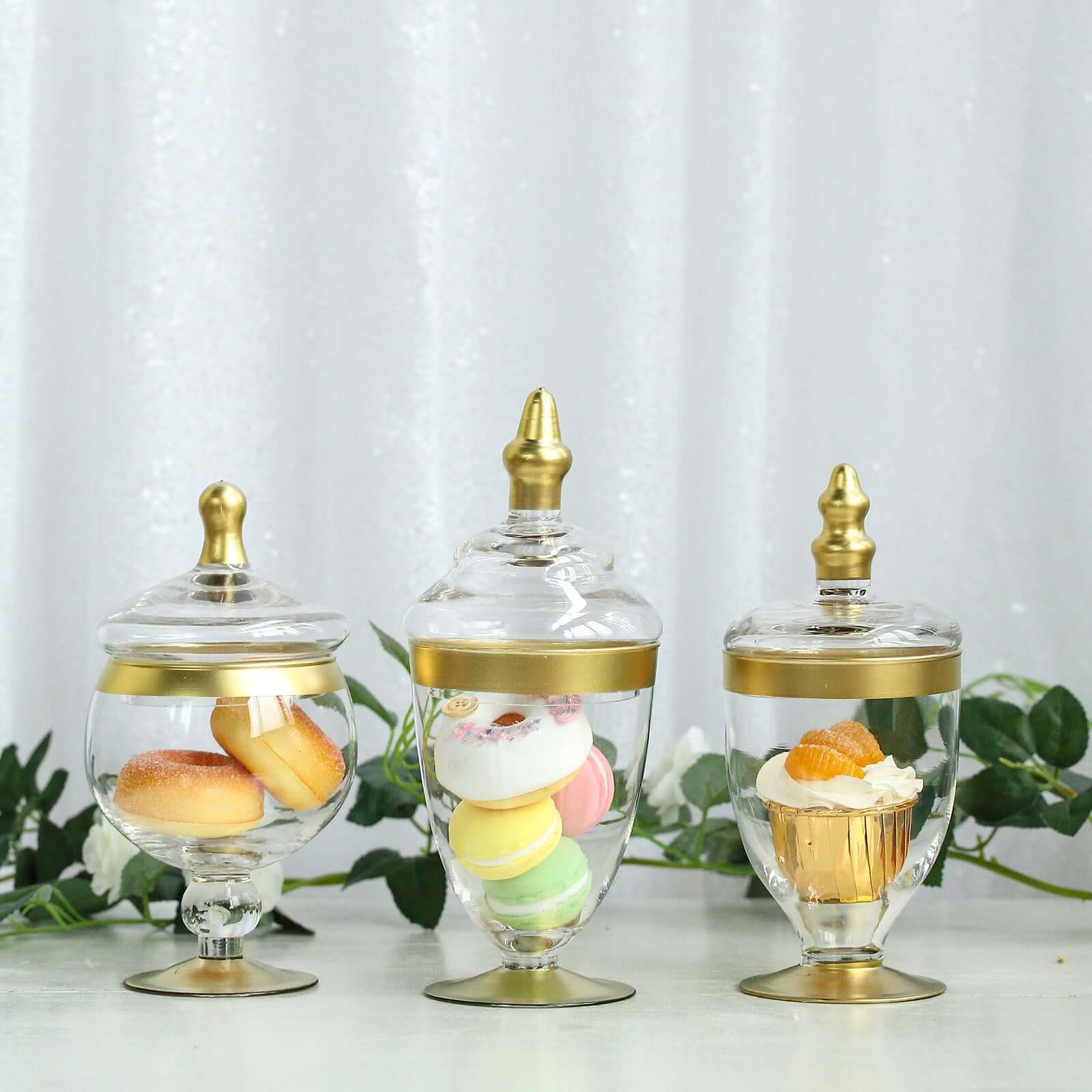 Set of 3 Glass Jars Apothecary Design Clear with Gold Trim and Snap-On Lids - Stylish Decorative Candy Buffet Storage 8.5, 9, 10