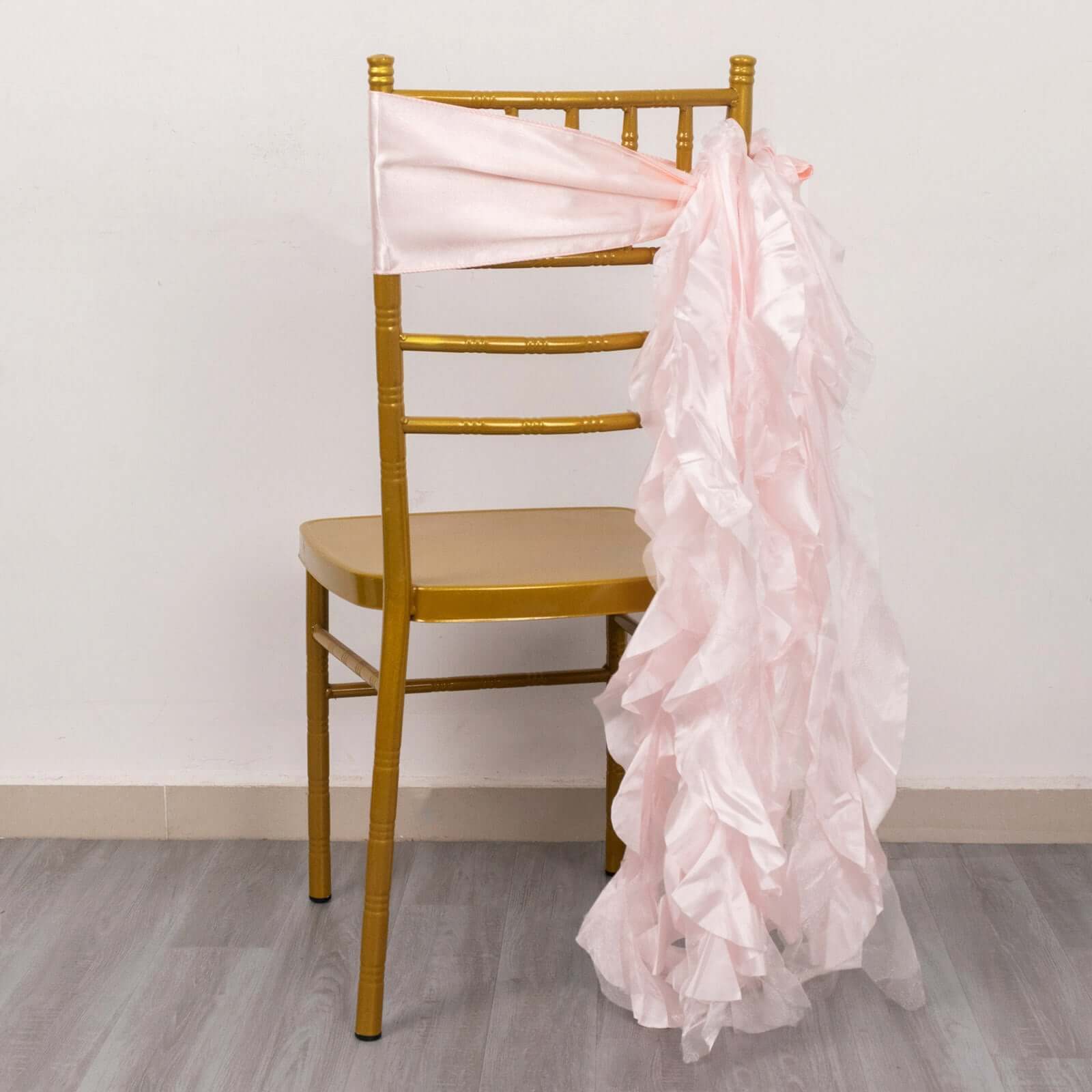 5 Pack Chiffon Satin Chair Sashes Blush - Easy to Install Ruffled Curly Willow